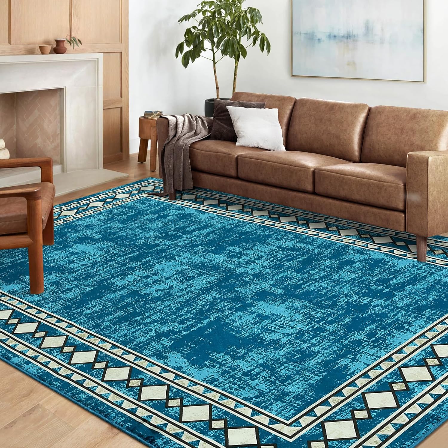 IdealHouse Washable Area Rugs 9x12 Rugs for Living Room Bordered Rug Geometric Solid Rug Clearance Non Slip Soft Teal Bedroom Rug Soft Large Carpet Stain Resistance Accent Carpet for Dining Room Office #LUCY-CKDEG52SXR78