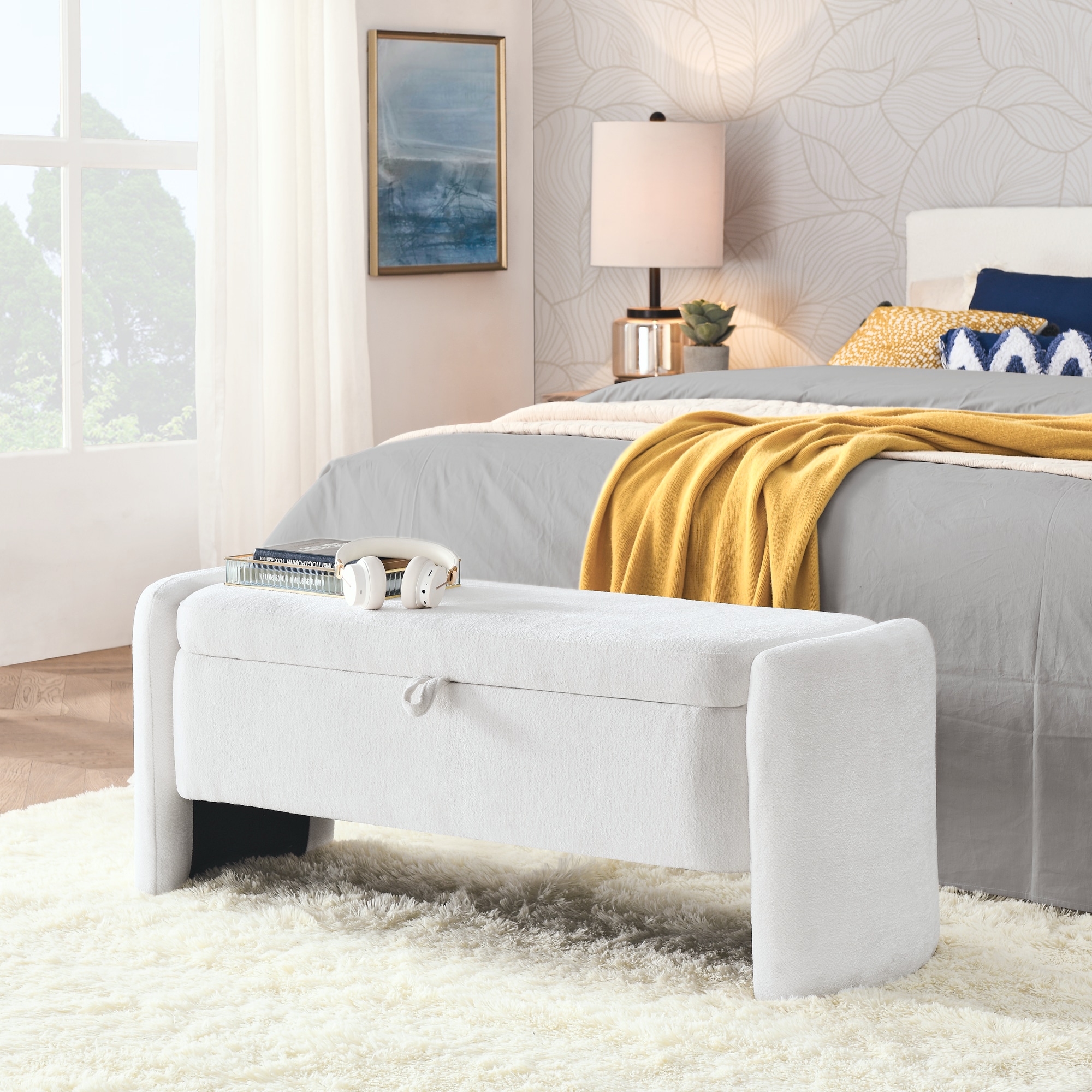 Mondawe OR-60EAA-US Modern Cream White Storage Bench with Storage 47.24-in x 14.5-in x 17.7-in