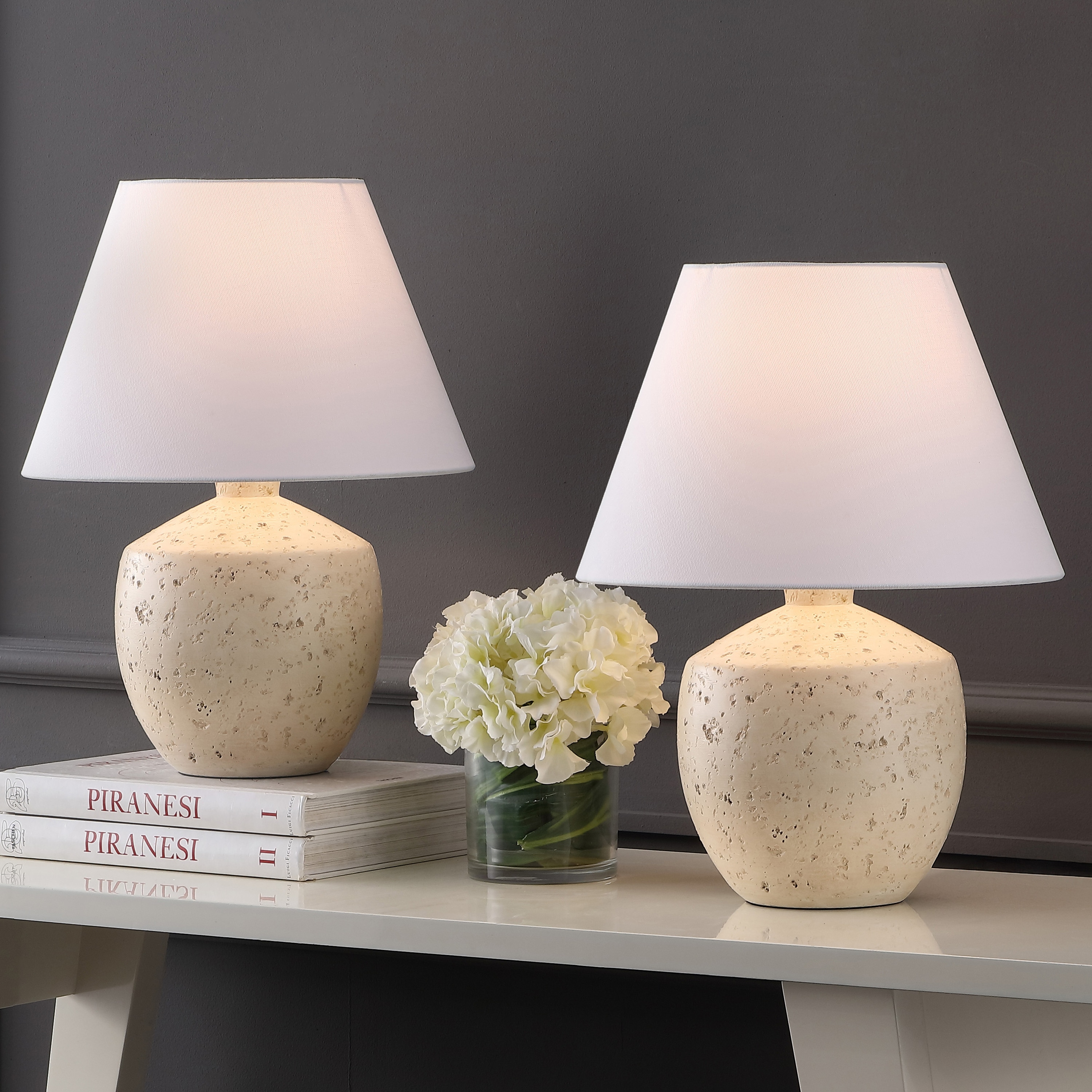 JONATHAN  Y JYL5606C-SET2 Myron Minimalist Scandinavian Concrete Effect Resin/Iron 18-in Cream LED Rotary socket Table Lamp with Linen Shade 2 -Set