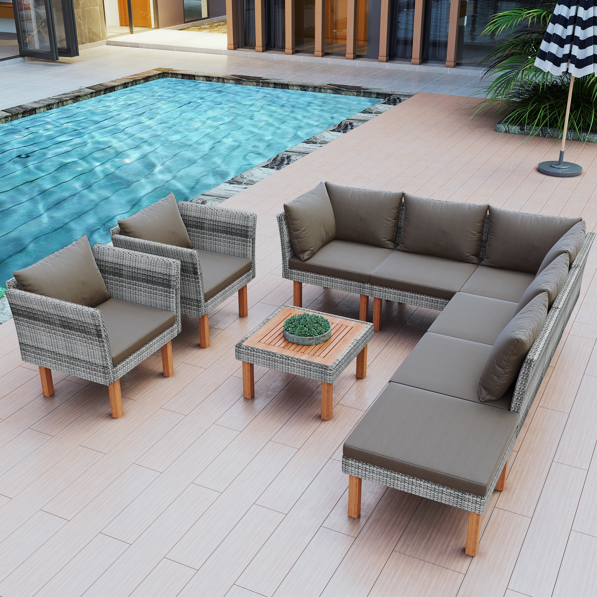 ModernLuxe L-FG201208AAE 9 -Piece Wicker Patio Conversation Set with Gray Cushions