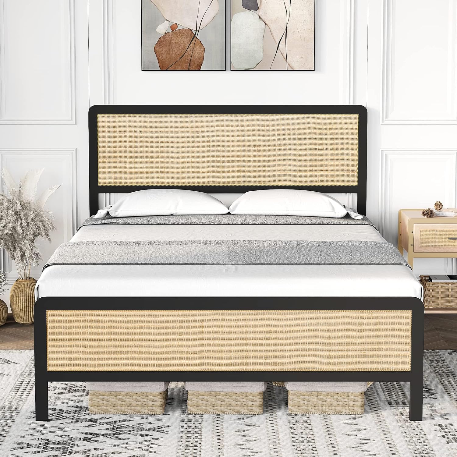 Qeetex PD-PHO-0WRKXVQI Full Rattan Bed Frame With Natural Headboard-Boho Metal Frame-Metal Slats-No Box Spring Needed-Noise Free-Easy Assembly