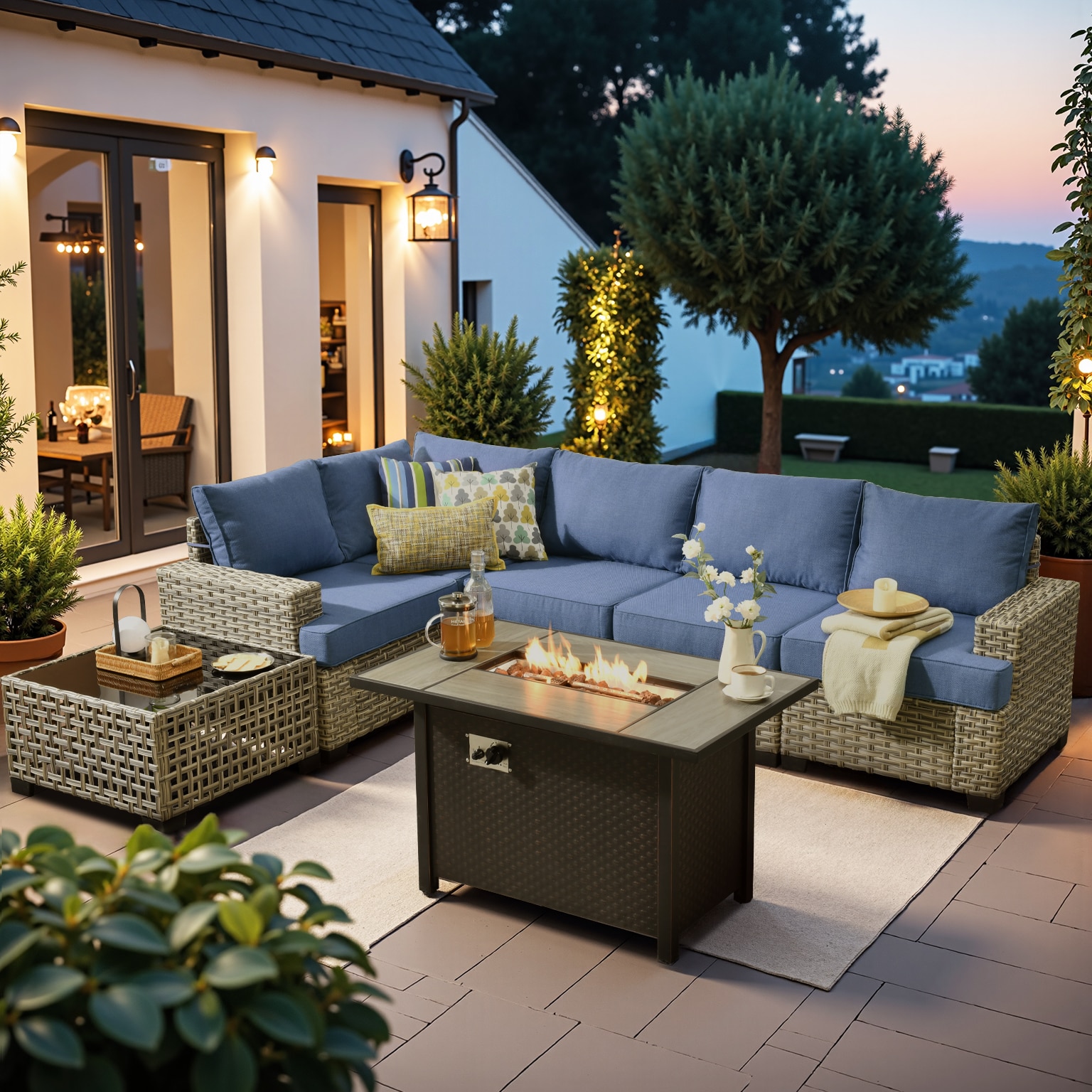 XIZZI XITBS5073A-IFP Agate Rattan Outdoor Sectional with Blue Cushions and Steel Frame