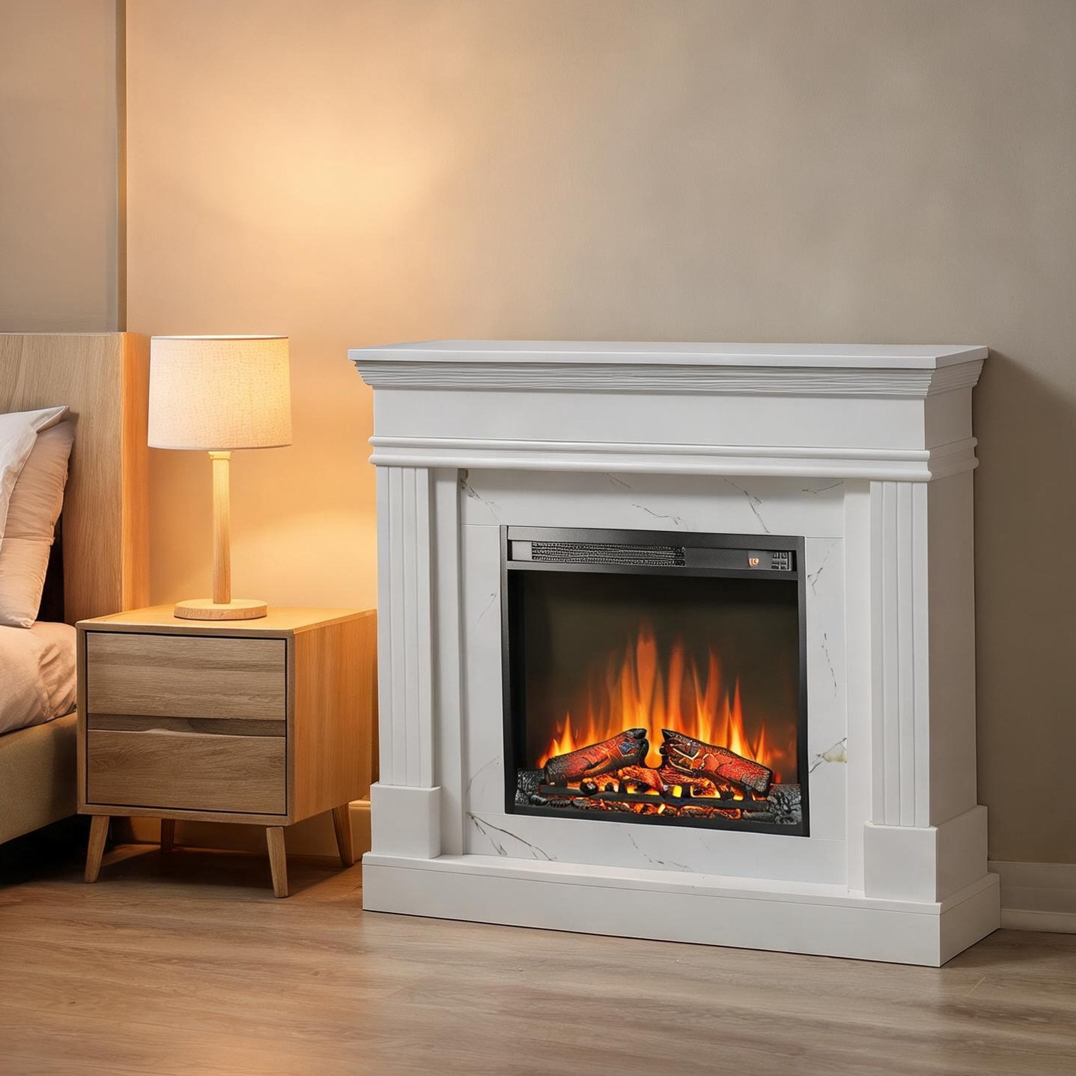 SunJet 44-Inch Electric Fireplace with Mantel in Classic White Wood and Stainless Steel Construction Realistic Flame Effect Remote Control