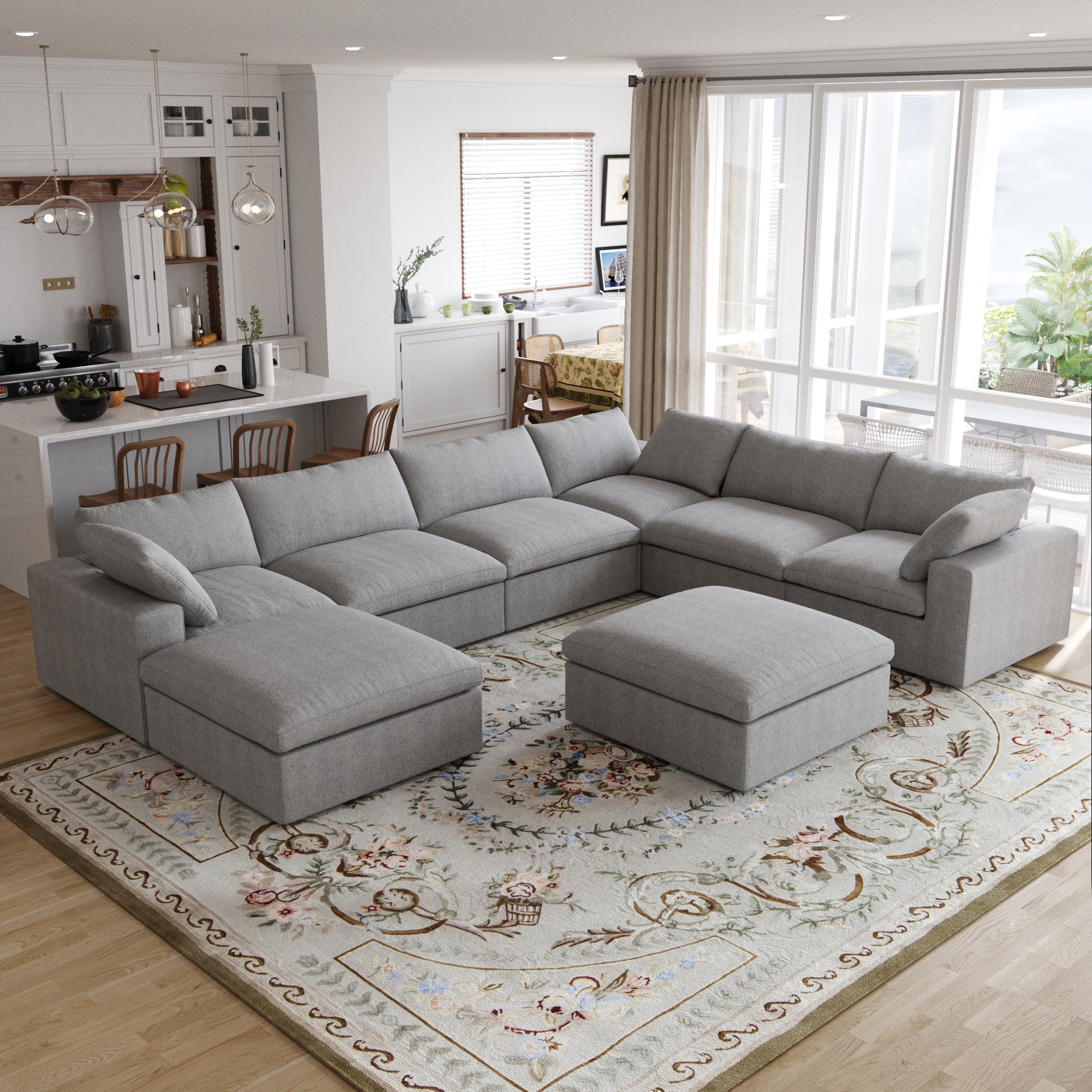 BuotiqHom DH-C6+2-121LG 157-in Modern Gray (6 Seats + 2 Ottomans) Linen 6+ -seater Sectional