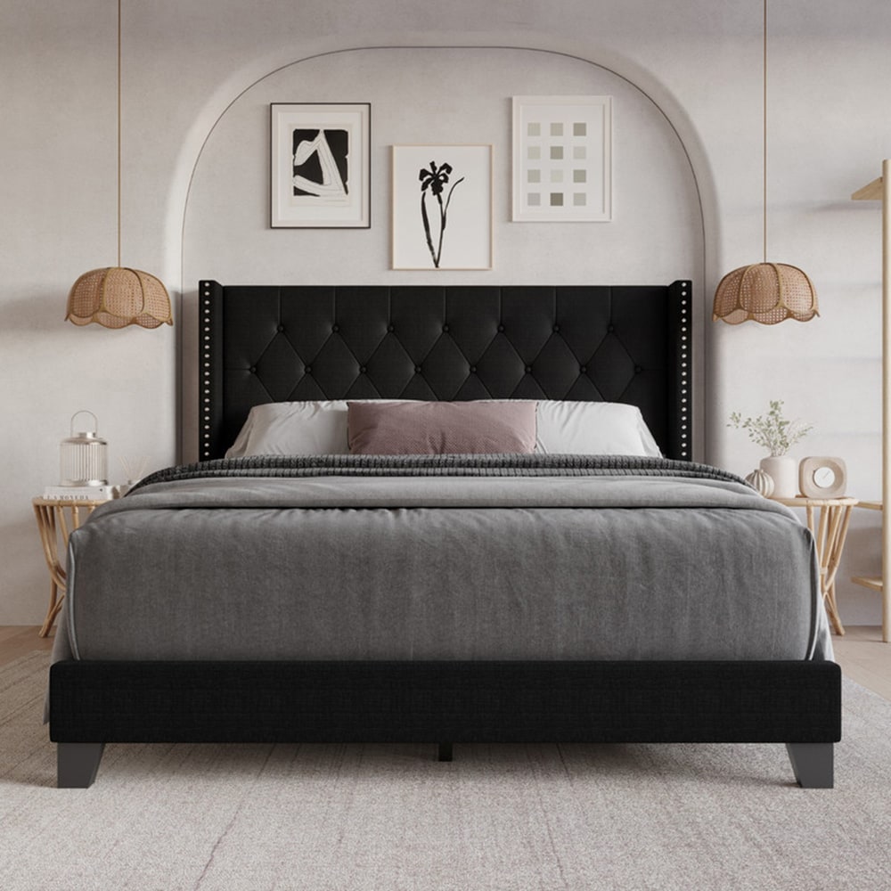 Home Design Queen Black Wood Tufted Panel Bed with Headboard