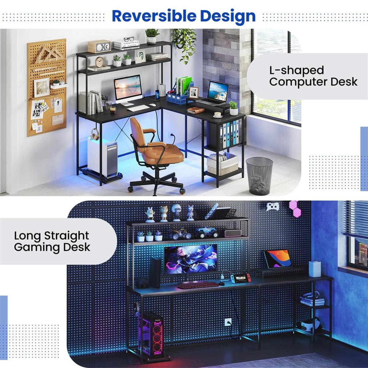 Reversible LShaped Gaming Desk LED Strip Power Outlets Hutch Monitor Stand Black