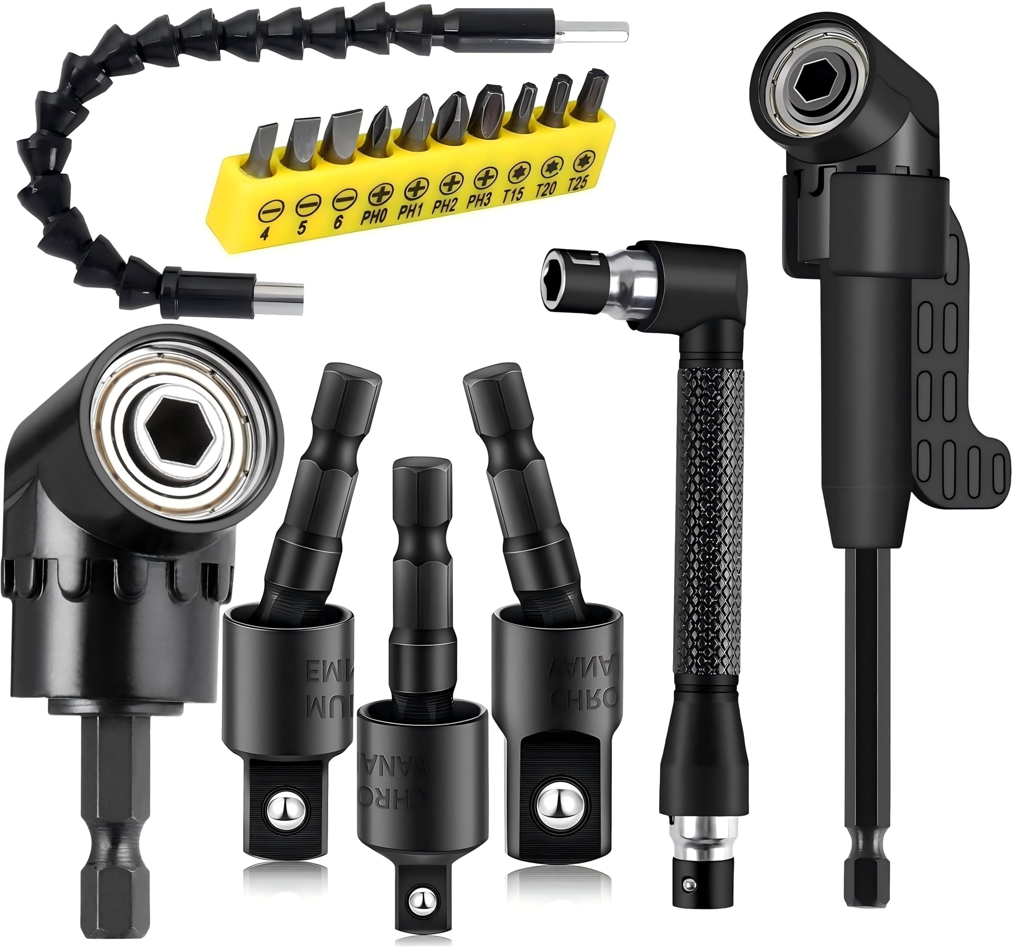 AKSCYZM  17 Piece Flexible Drill Bit Extension Set with Rotatable Socket Adapter Hex Shank Right Angle Drill Attachments and Screwdriver Bits