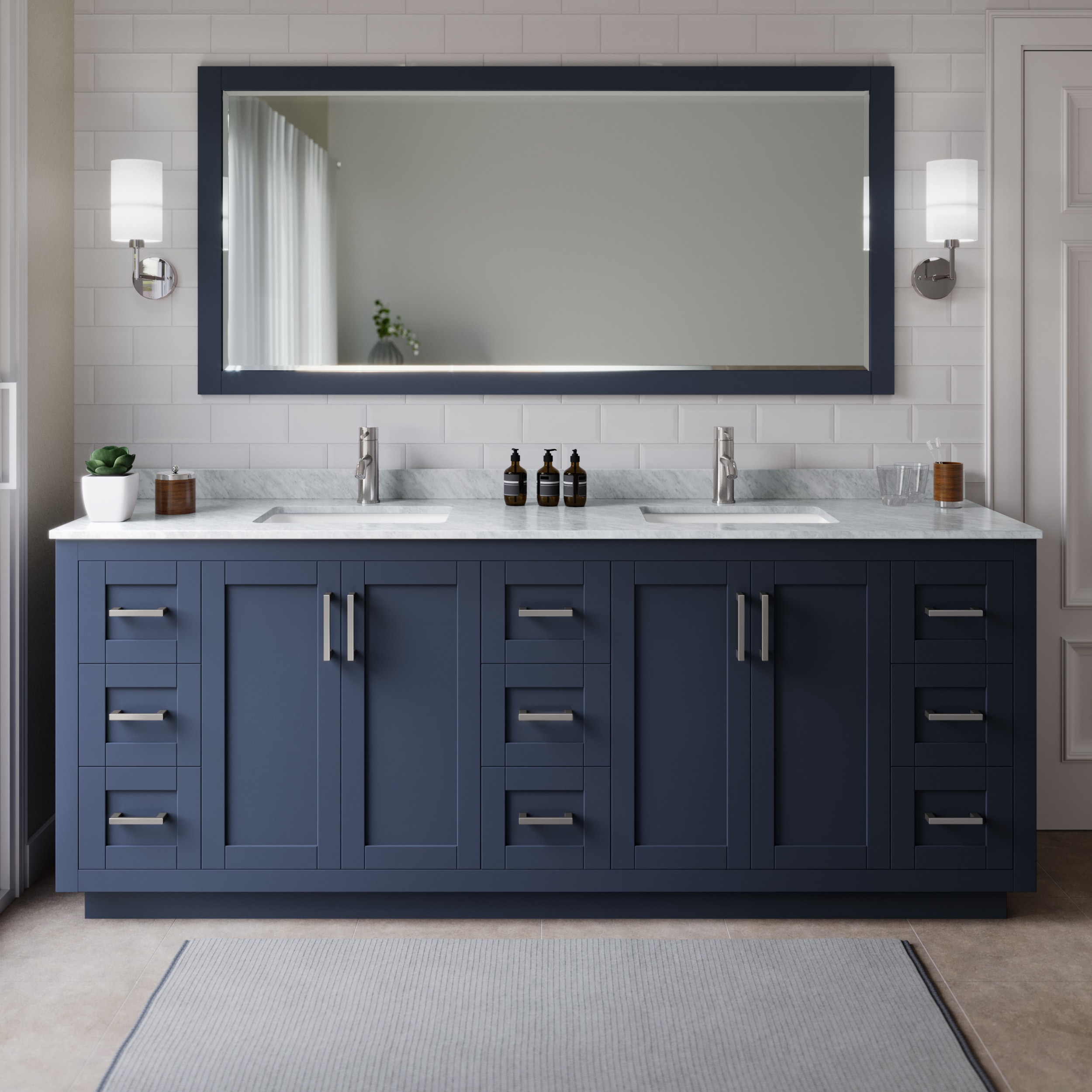 Wyndham Collection WCF292984DBNCMUNSMXX Miranda 84-in Dark Blue with Brushed Nickel Trim Undermount Double sink Bathroom Vanity with White Carrara Marble Marble Top
