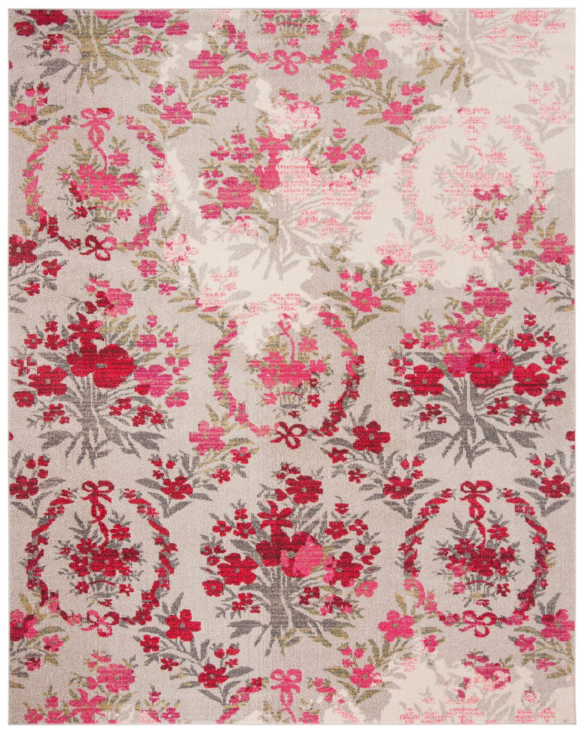 Ivory and Pink Floral Design Reversible Area Rug, 8' x 11'