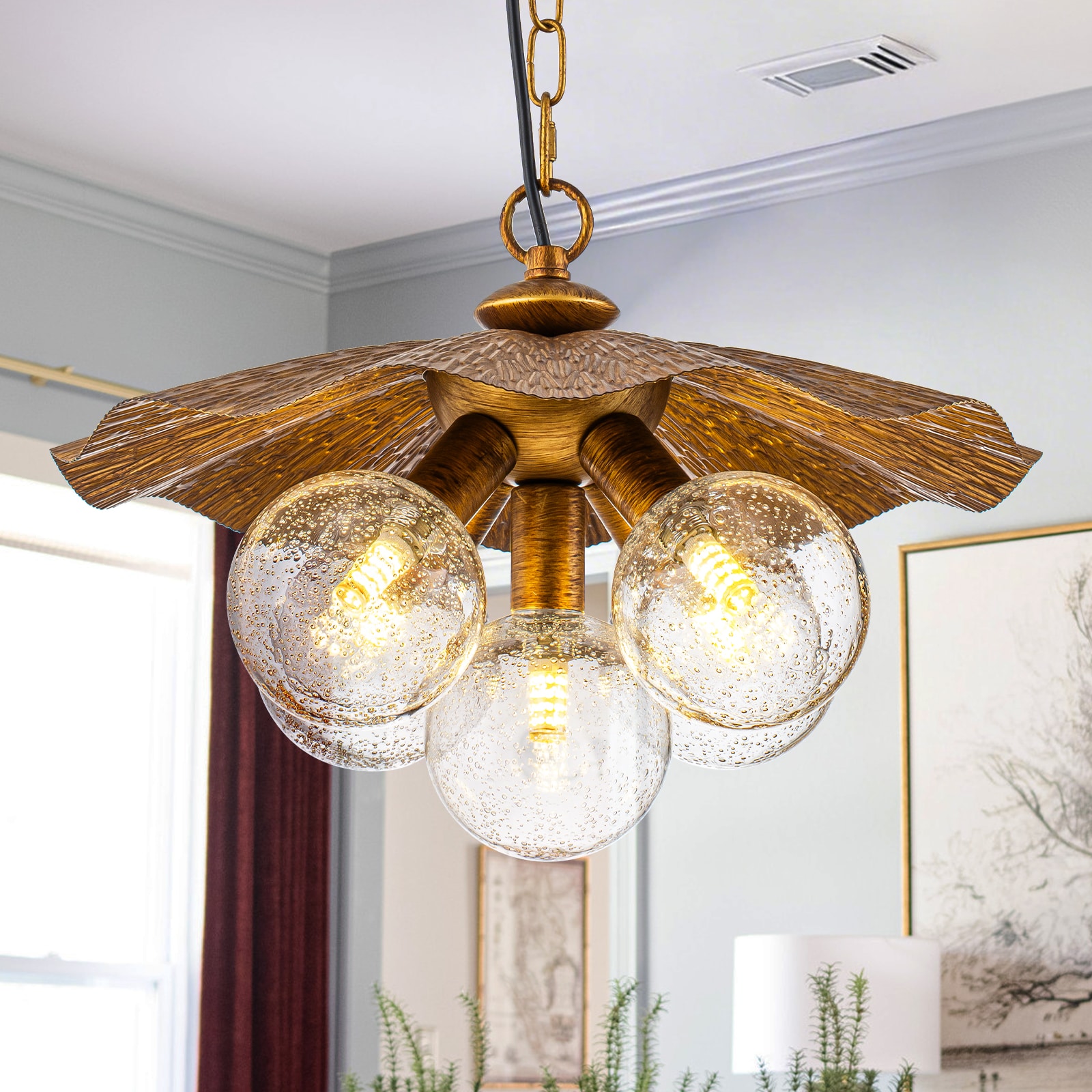 MENCOLULU Antique Gold Pendant Light with Seeded Glass Globe 5 -Light Antique Gold Industrial Seeded glass Globe Medium Hanging Pendant Light