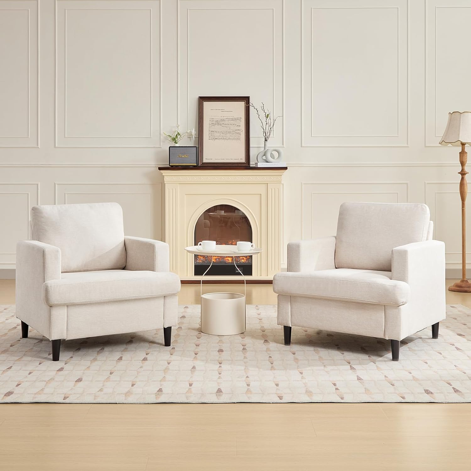 Garvee Modern Living Room Chair Set of 2 Upholstered Accent Armchair with Breathable Linen Fabric Soft Sofa Chair Wood Legs Bedroom White