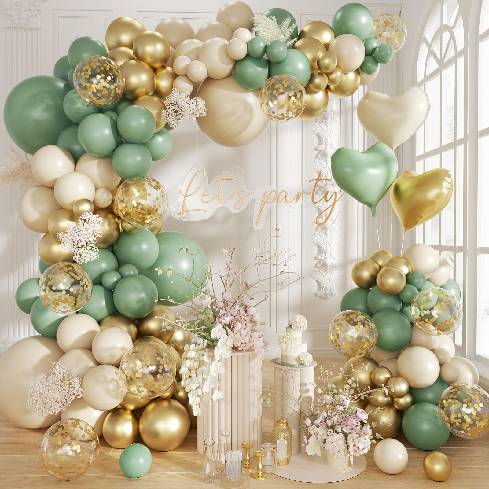 Phewnyzo  160pcs Sage Green Gold Balloon Garland Arch Kit with Olive Green White Sand Gold Confetti and Heart Foil Balloons for Baby Shower