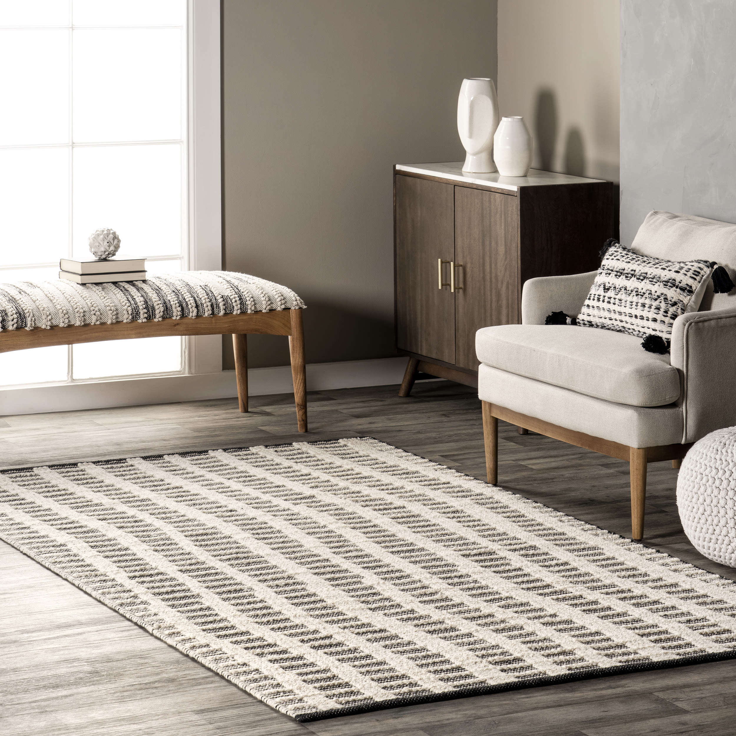Parker Check Handmade Ivory Wool 5' x 8' Area Rug