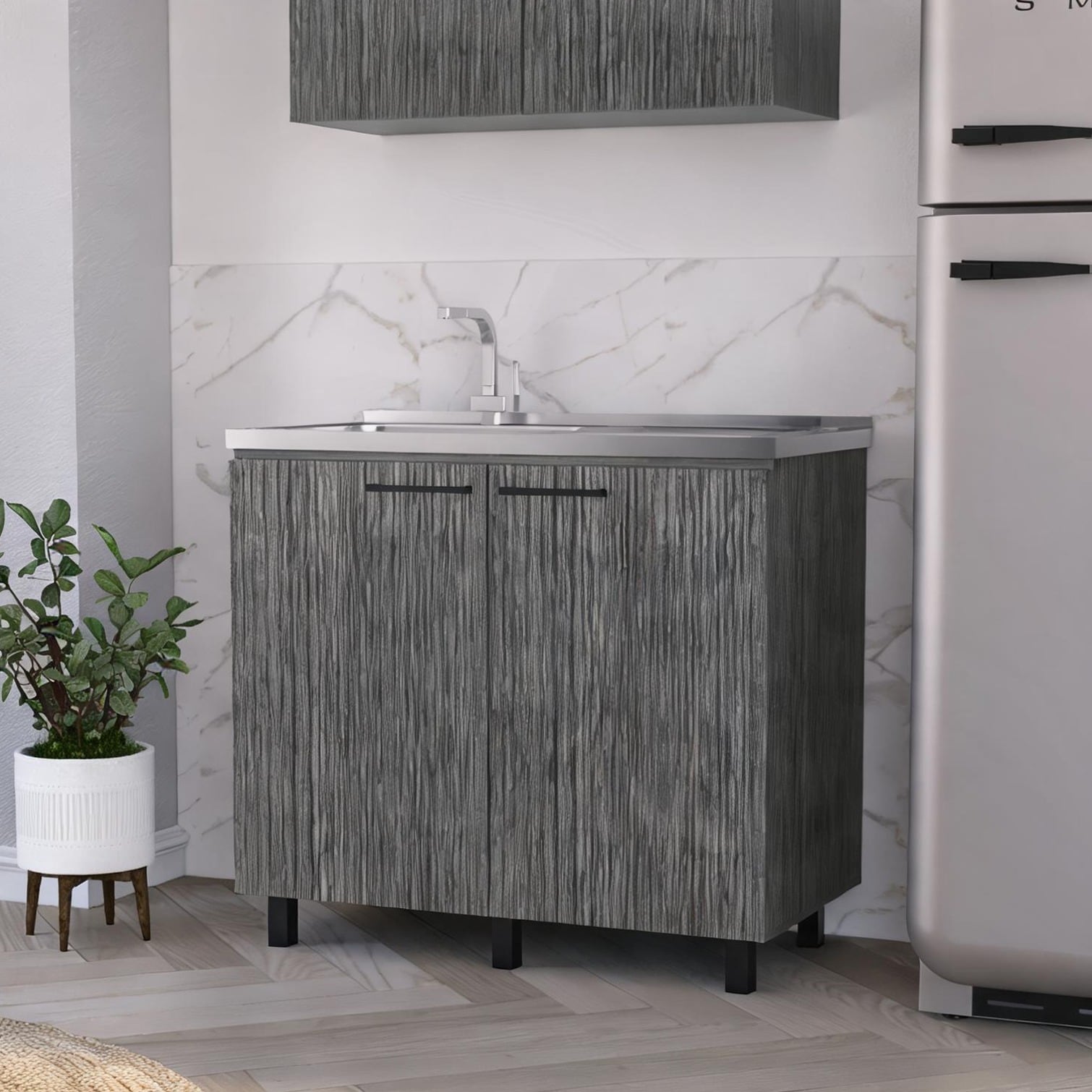Naturefalls Double basin utility sink with storage cabinet stainless steel countertop soft gray particle board 39.4-inch rectangular