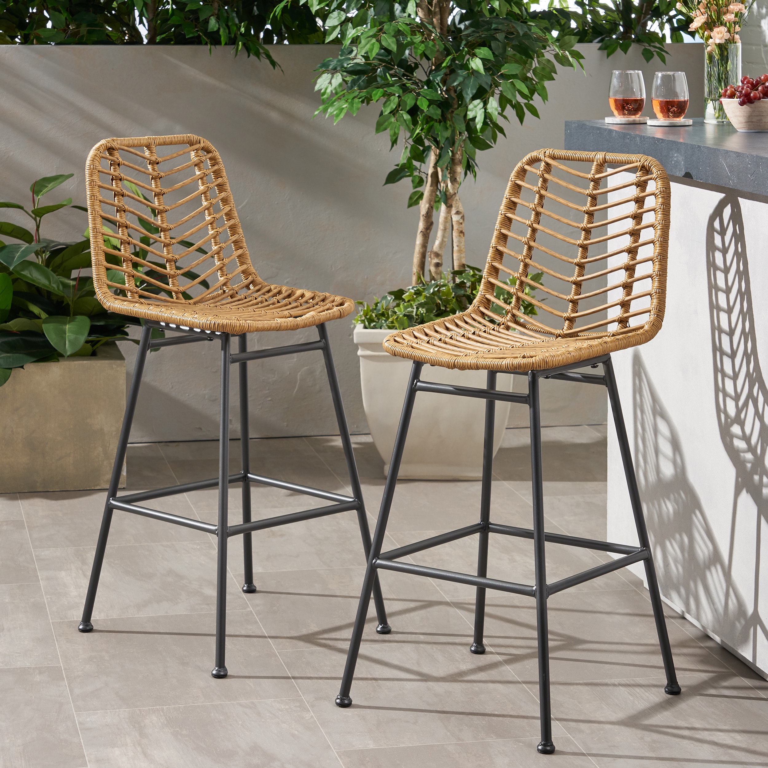 Best Selling Home Decor 309982 Sawtelle Set of 2 Wicker Stackable Light Brown Iron Frame Stationary Bar Stool Chair with Brown Solid Seat
