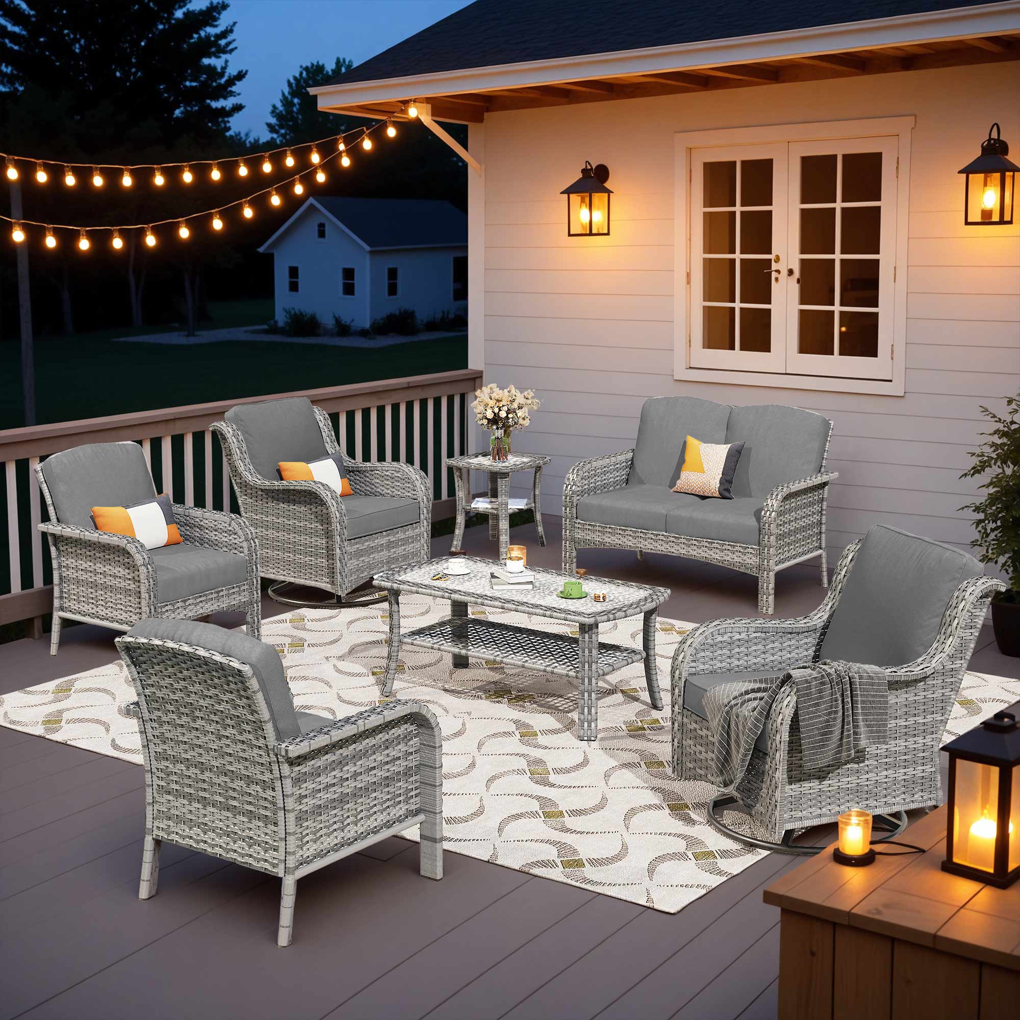 XIZZI XIGNDS2074-NTCRC3 Chrysoberyl 7 -Piece Rattan Patio Conversation Set with Dark Gray Cushions