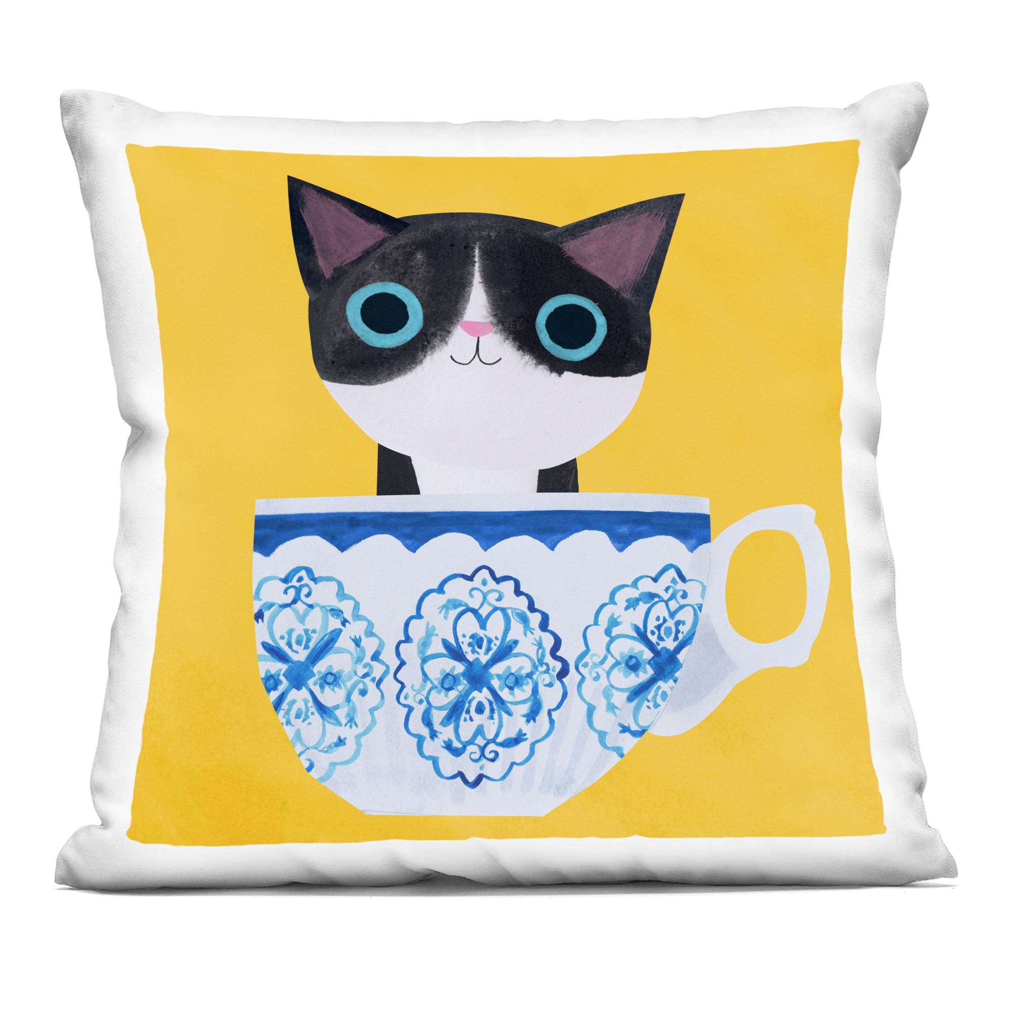 Stupell Industries  Teacup Kitten on Yellow Decorative Printed Throw Pillow design by Planet Cat by Angie Rozelaar 18 x 18