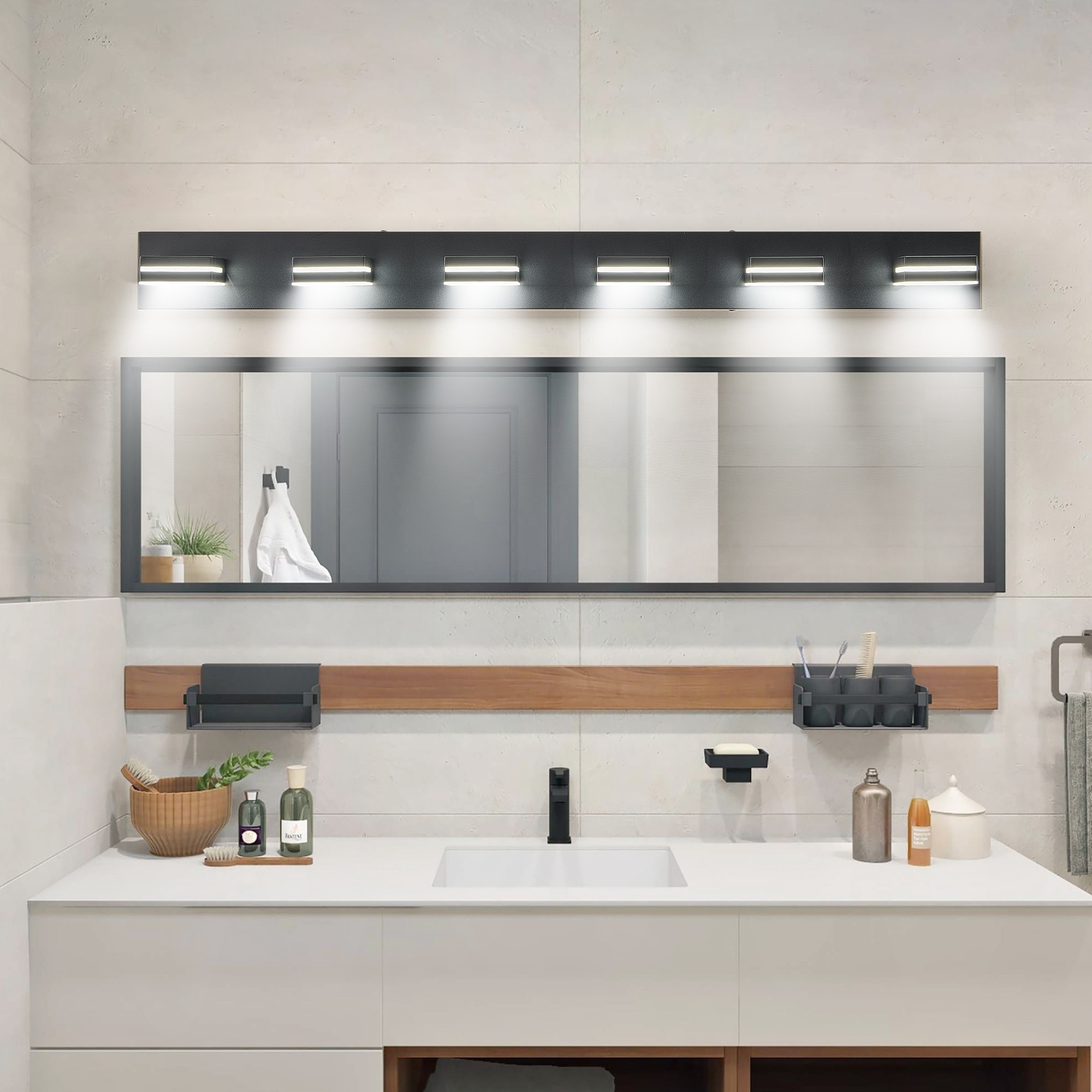 UOI - 47 inch Black Iron LED Vanity Light with 6 Lights and Sleek Minimalist Design