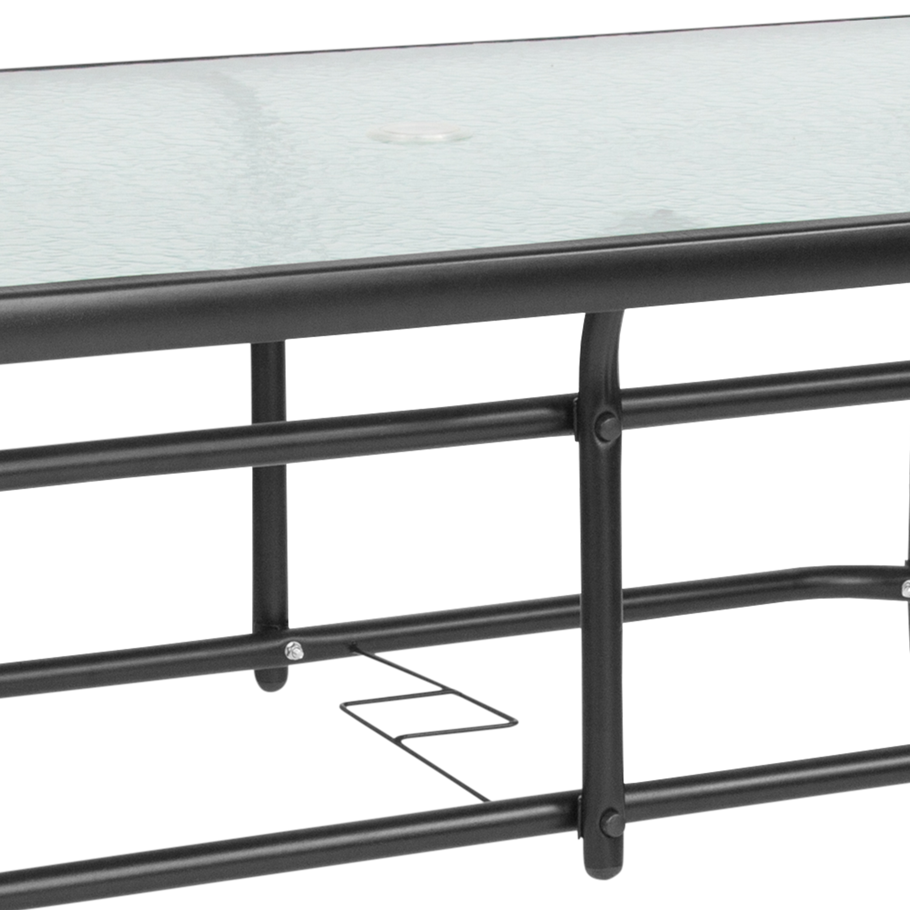 Black Steel Rectangular Patio Table with Glass Top and Umbrella Hole
