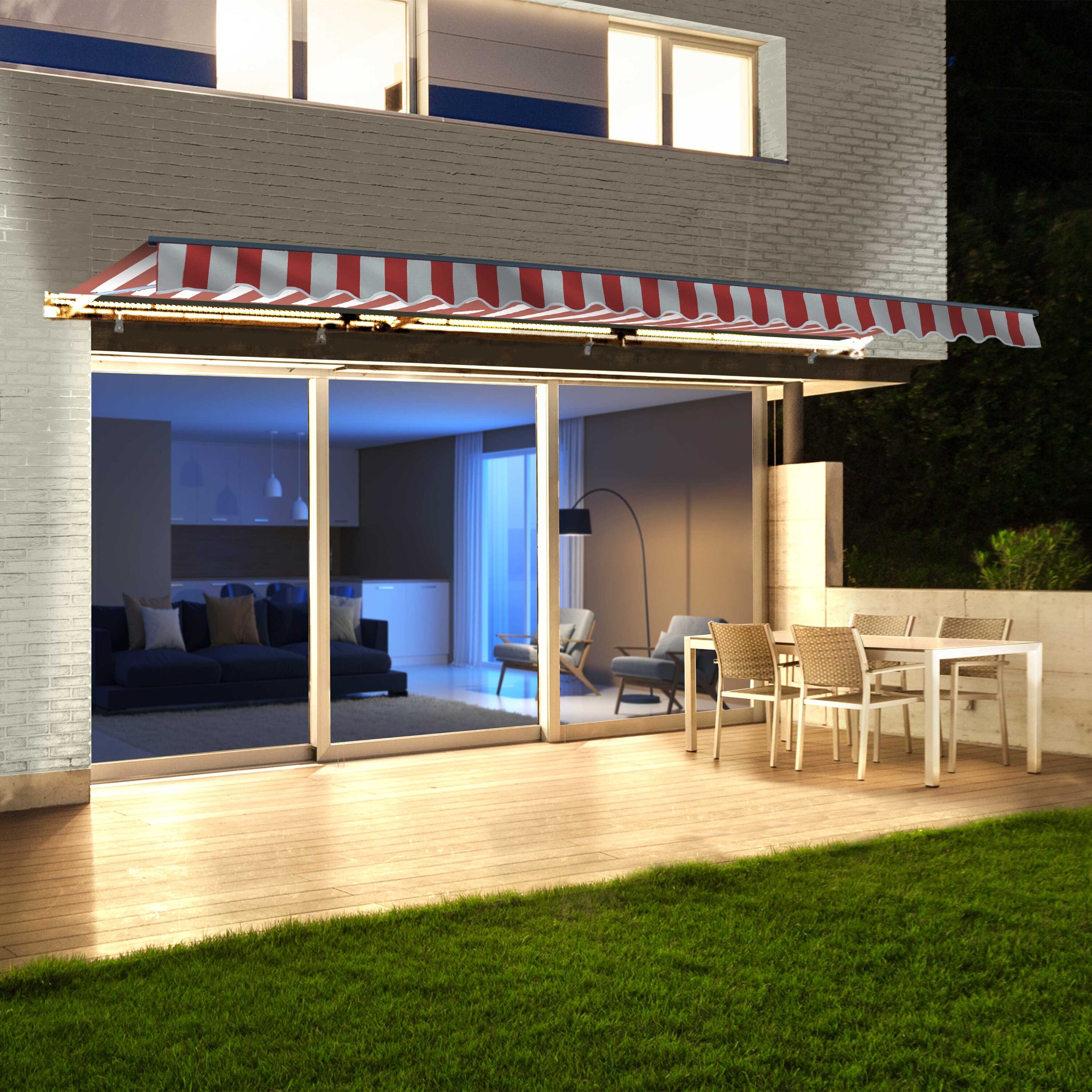 156-in Wide x 120-in Projection x 10-in Height Metal Red White Striped Motorized Retractable Patio Awning Polyester | - ALEKO AWCL13X10RDWT05-LO