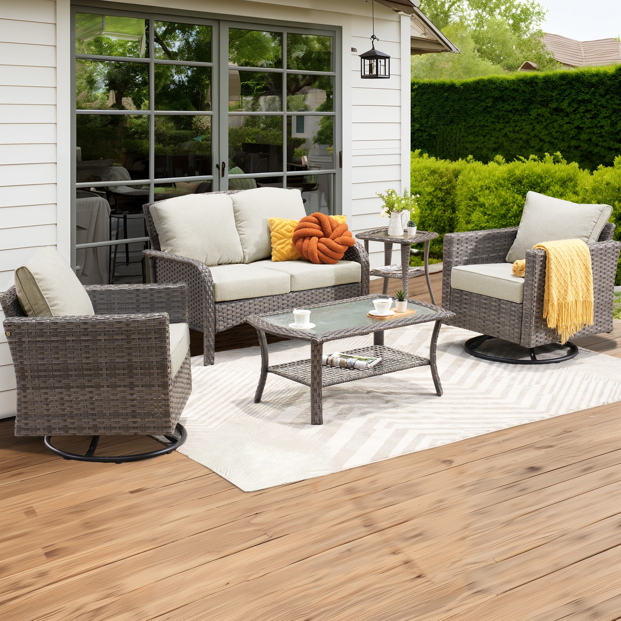 weaxty HMBYZGRS-GNDS605 Initial 5 -Piece Wicker Patio Conversation Set with Off-white Cushions