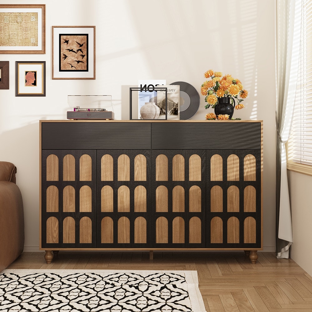 Homsee C-KF390097-01 Black and Brown Wood 59 Inch Sideboard Kitchen Cabinet with Push to Open Doors and Drawers Modern Storage Buffet with Arched Door Design