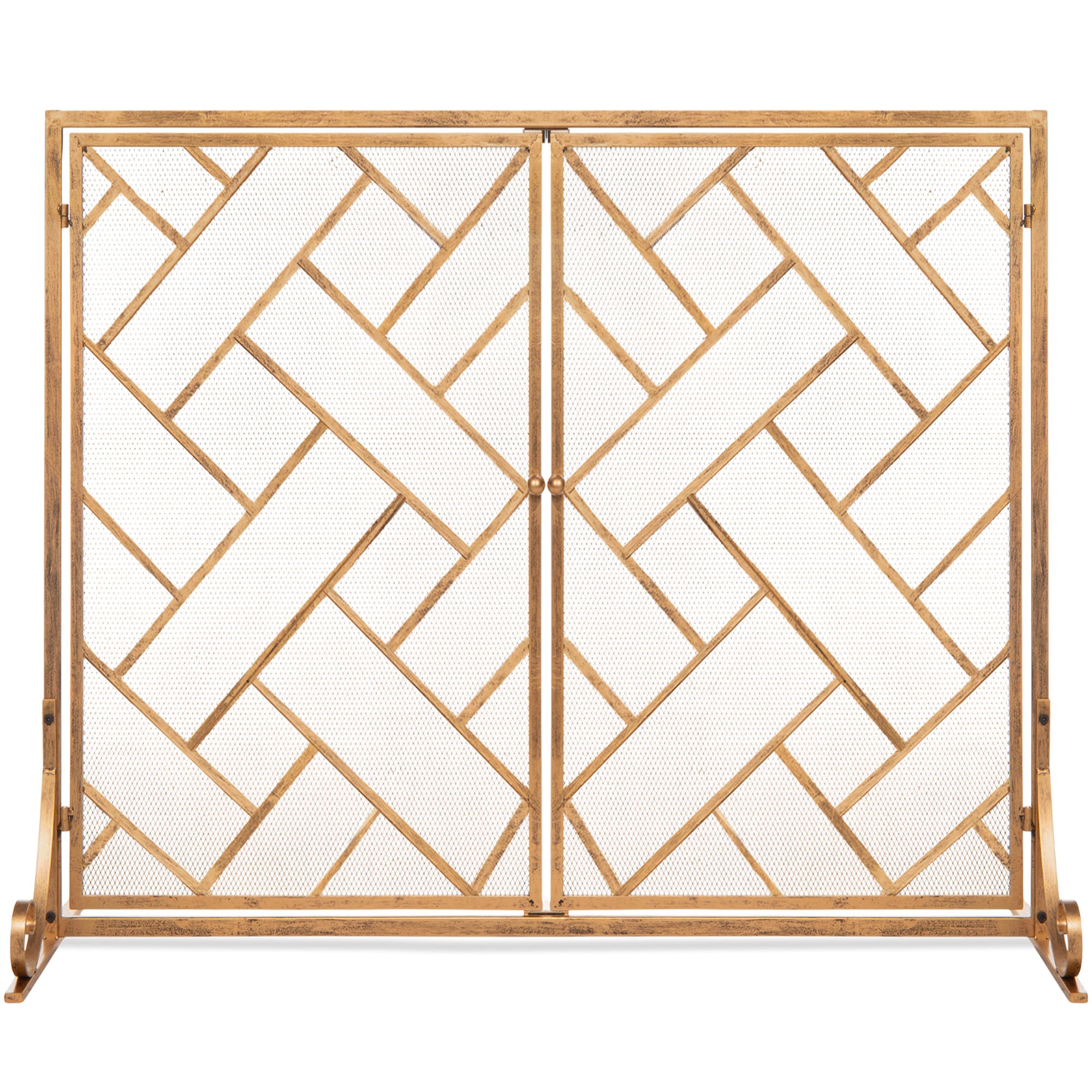 Best Choice Products 44x33in 2-Panel Handcrafted Wrought Iron Geometric Fireplace Screen w/ Magnetic Doors - Gold #SKY6061