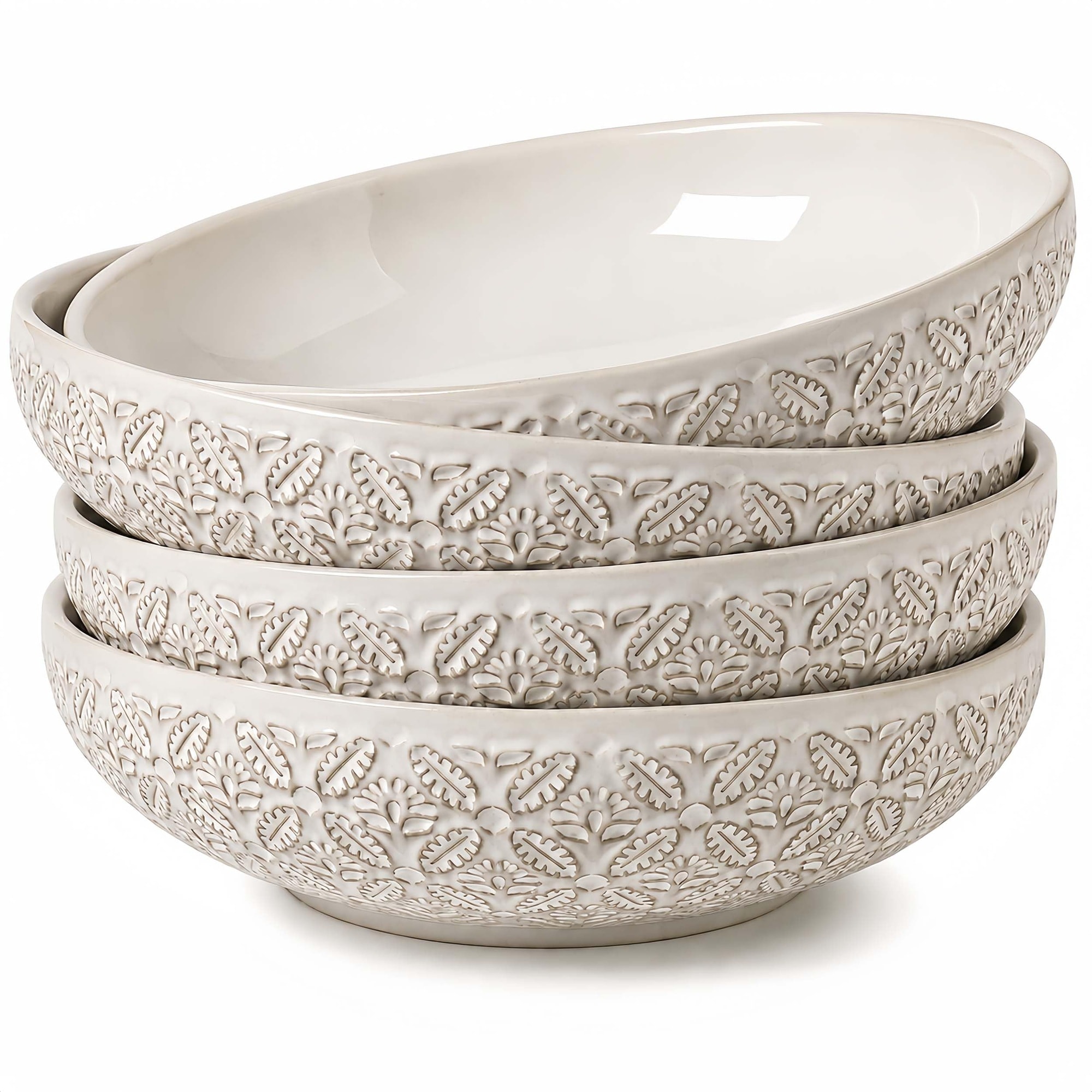 Aoibox  22 oz Ceramic Pasta Bowls Set of 4 8 Inch Porcelain Embossed Salad Bowls White Salad Dessert Pasta Soup Bowls