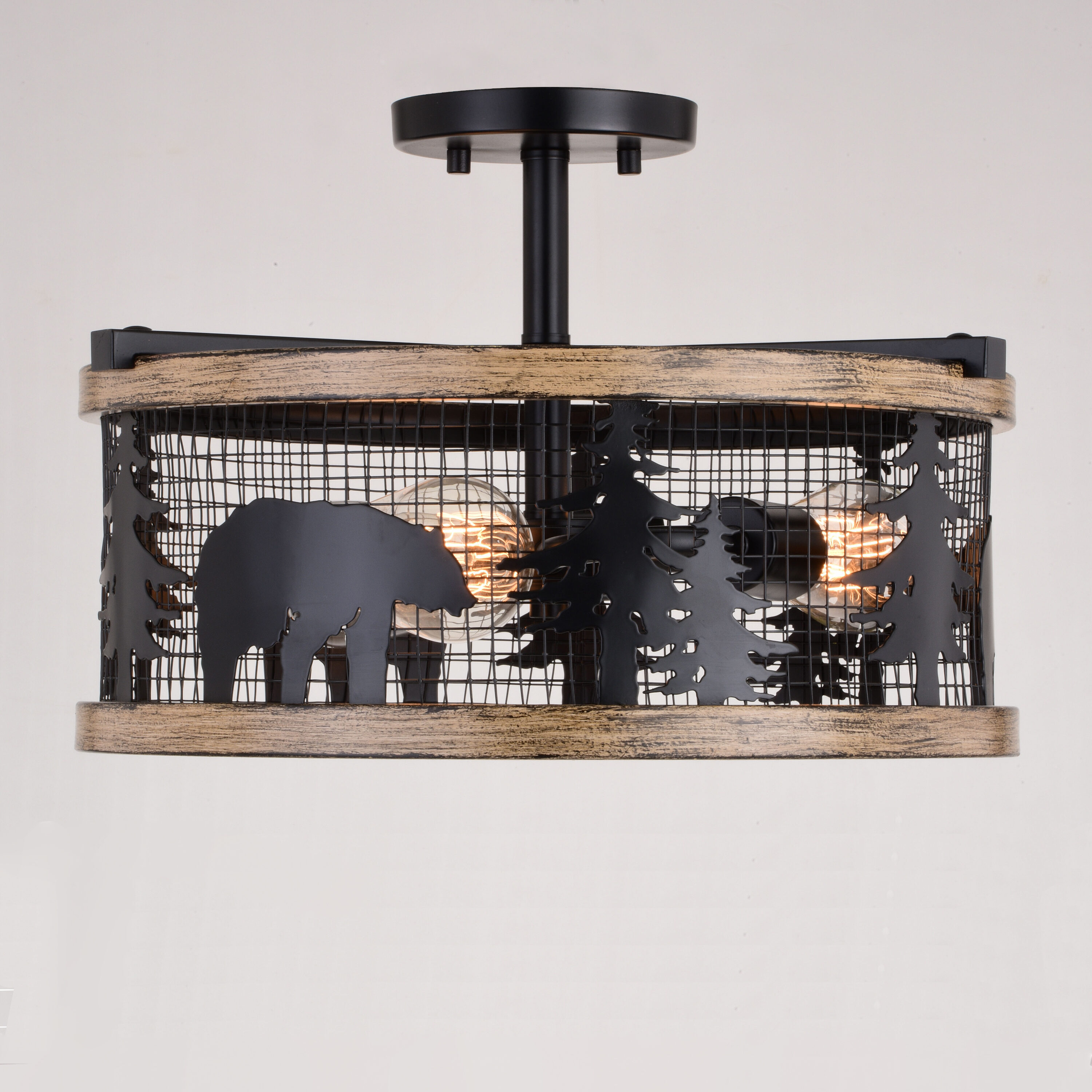 Kodiak Rustic Black and Teak 16" Drum Ceiling Light