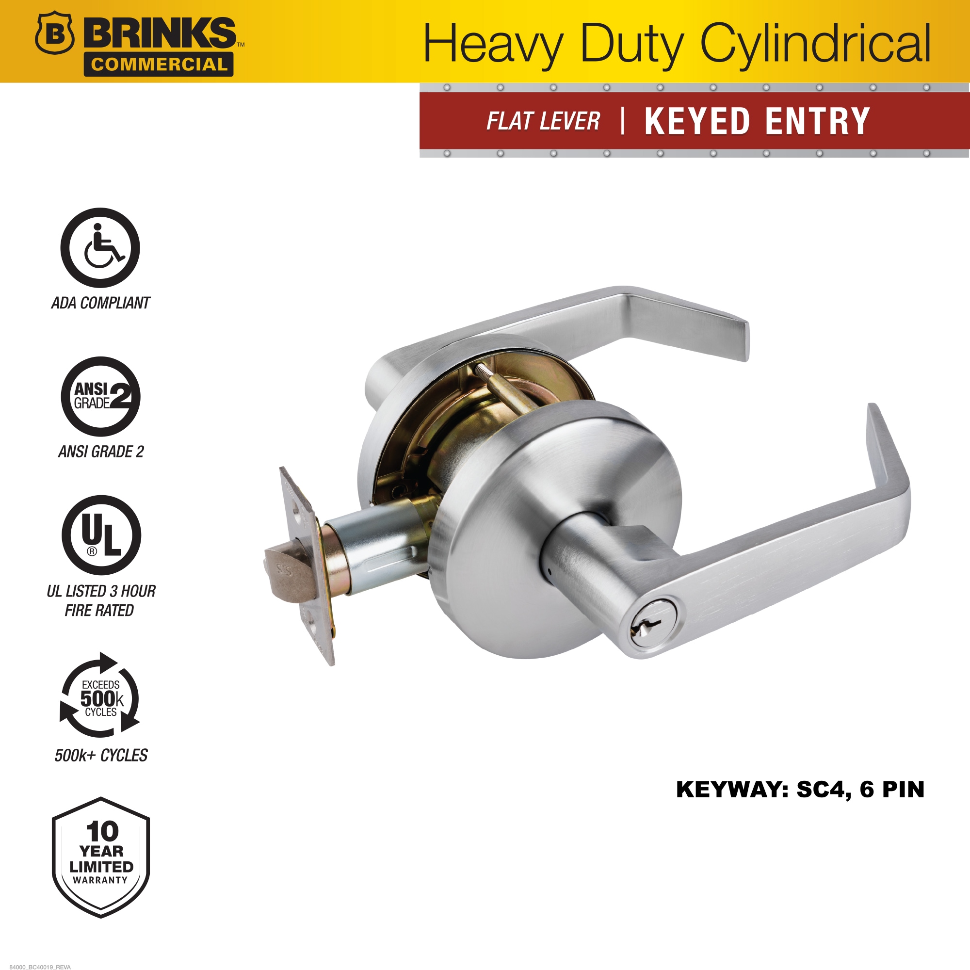 BRINKS COMMERCIAL Heavy Duty Commercial Lever Satin Chrome Interior or Exterior Keyed Entry Door Handle