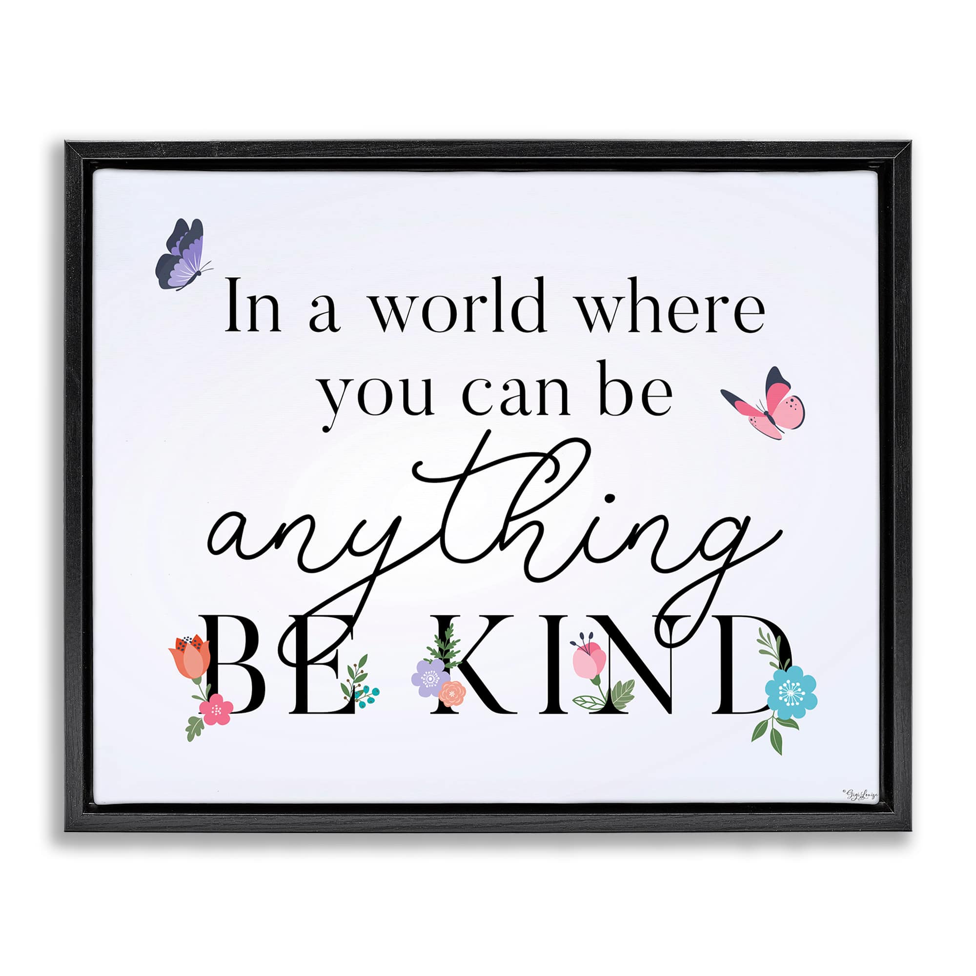 Stupell Industries BS-442-FFB-16X20 Floral and Butterflies Be Kind Black Framed Floater Canvas Wall Art By Gigi Louise 21 x 17