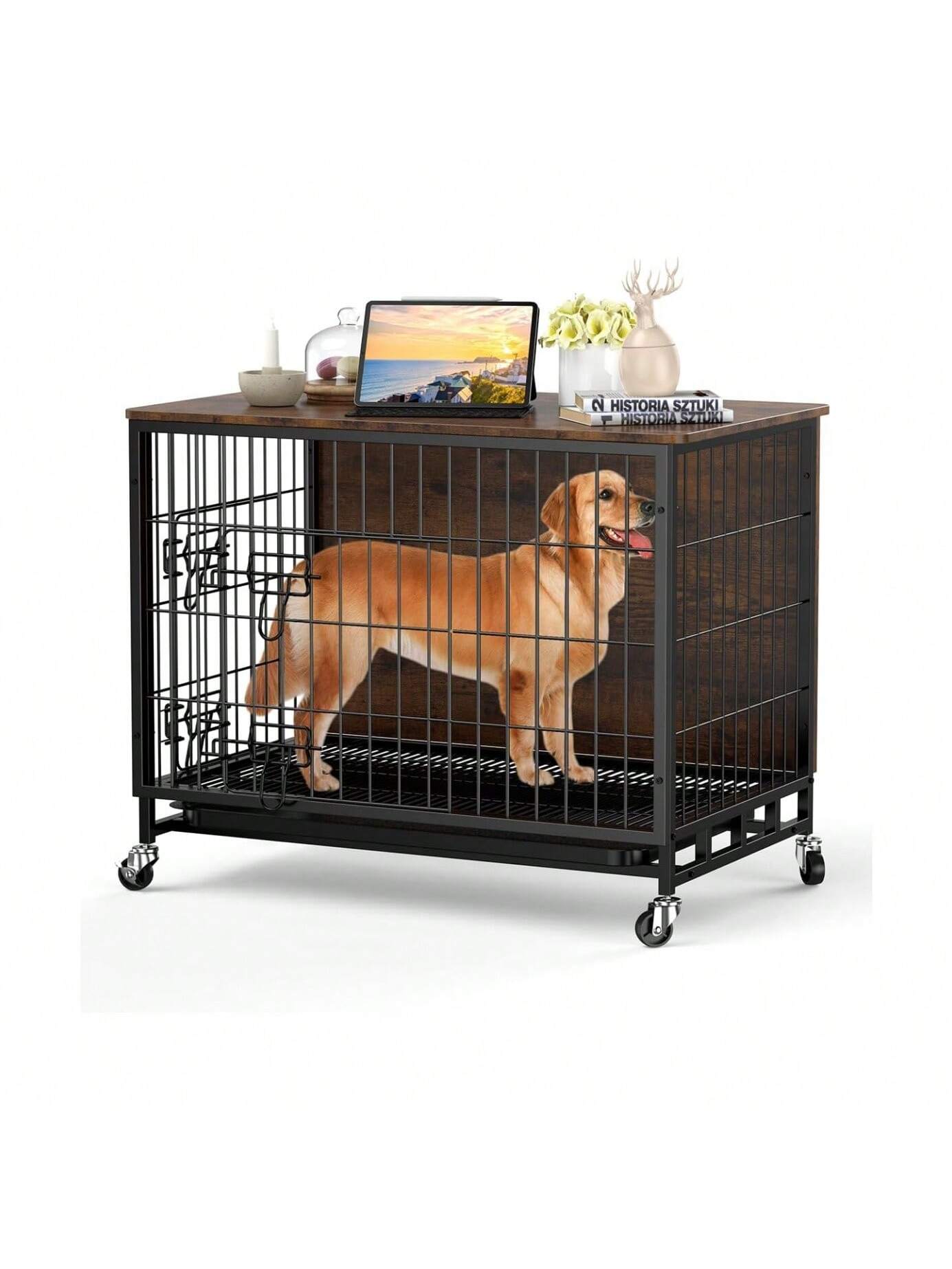 Qeetex Dog Crate Furniture 27 inch Double-Doors Dog Kennel Indoor With ...