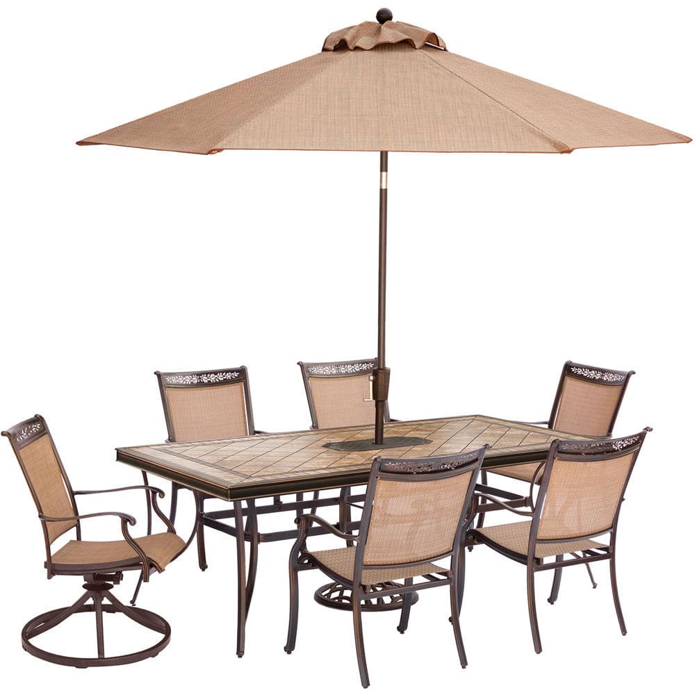 Hanover FNTDN7PCSWTN2-SU Fontana 8 -Piece Bronze Patio Dining Set Aluminum Rectangle Table with 6 Tan Stationary and Motion Chairs and Umbrella Included