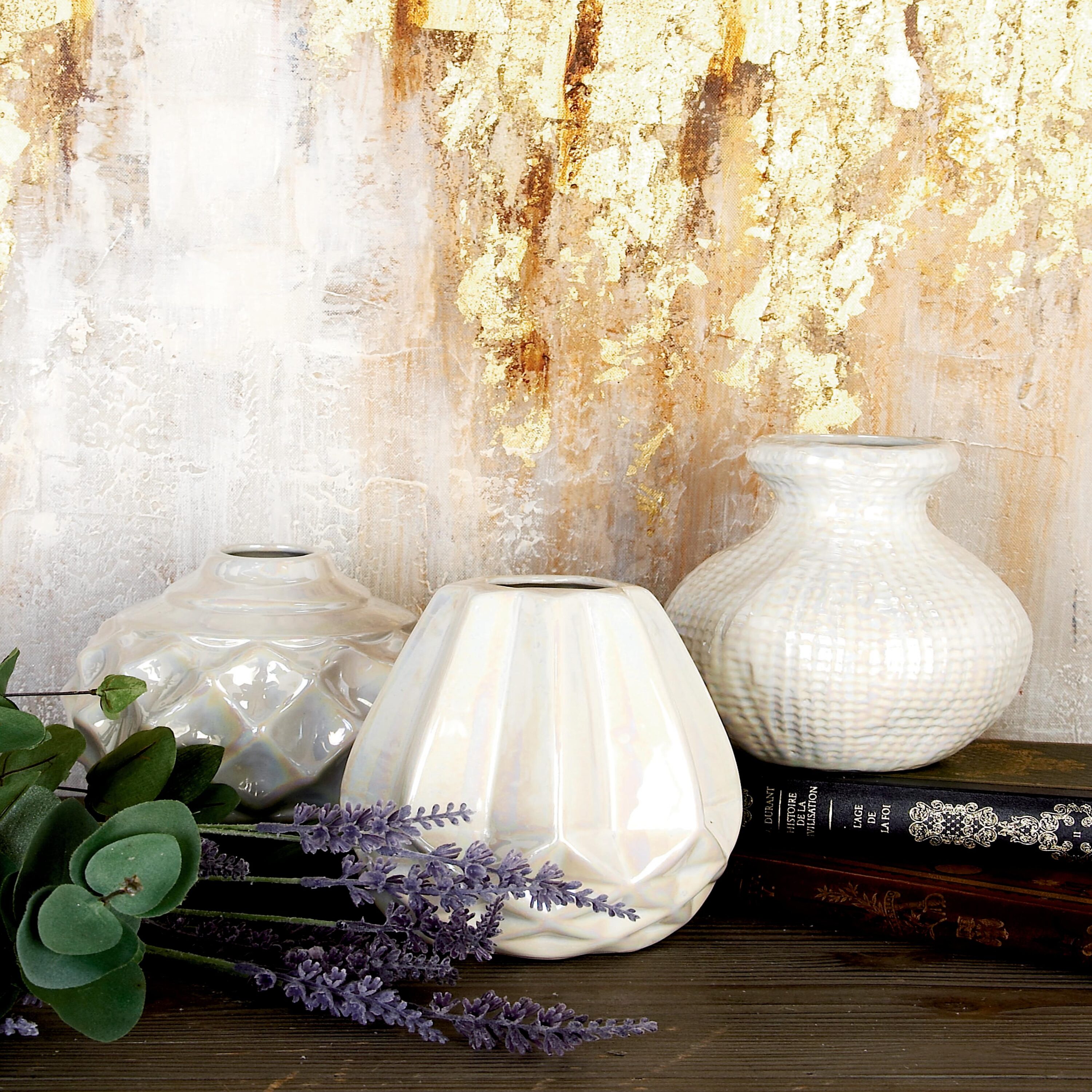 CosmoLiving by Cosmopolitan 93664 3 -Pack Off-white Stone Glam Vase