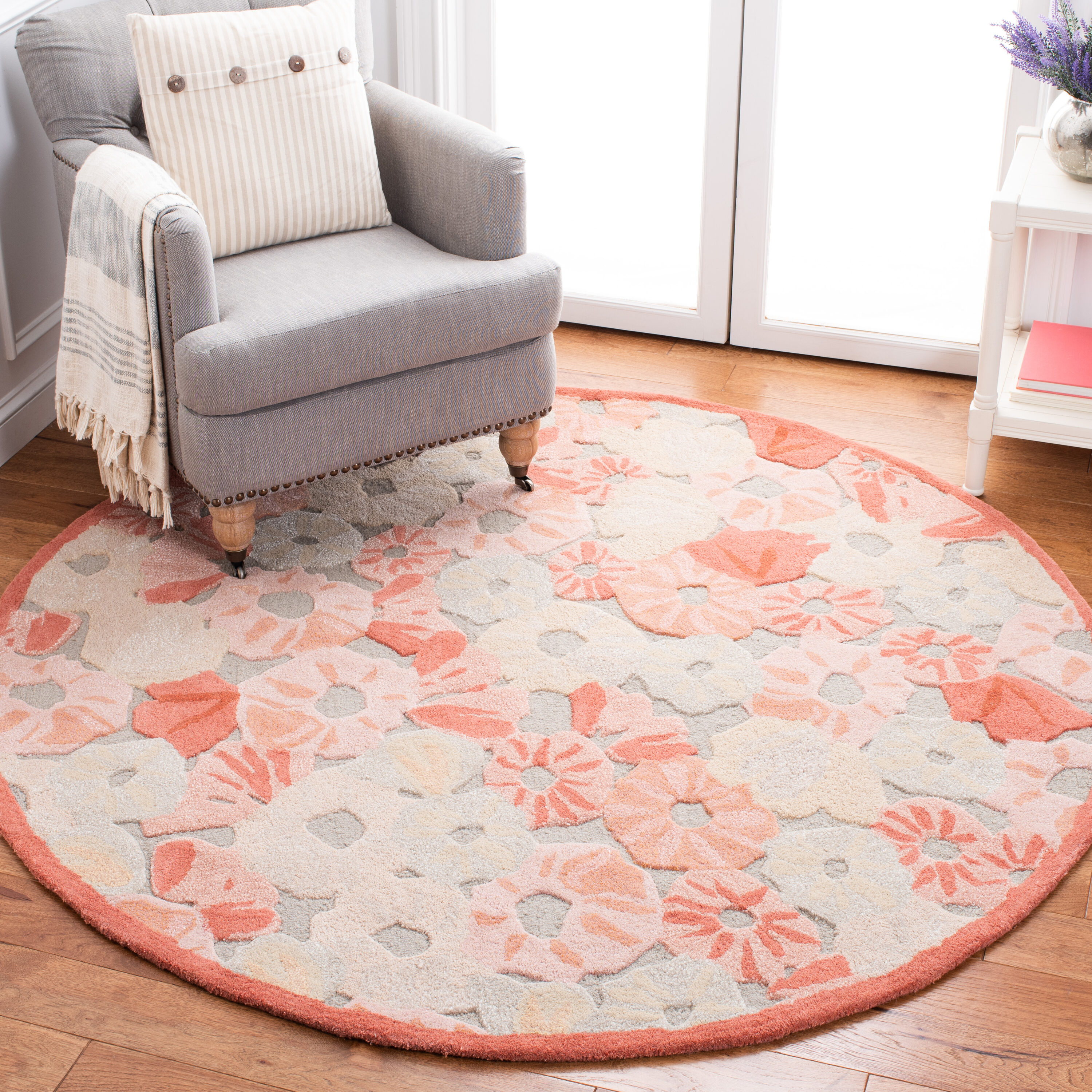  Poppy Field Cayenne Red Country Floral 6ft x 6ft Round Rug