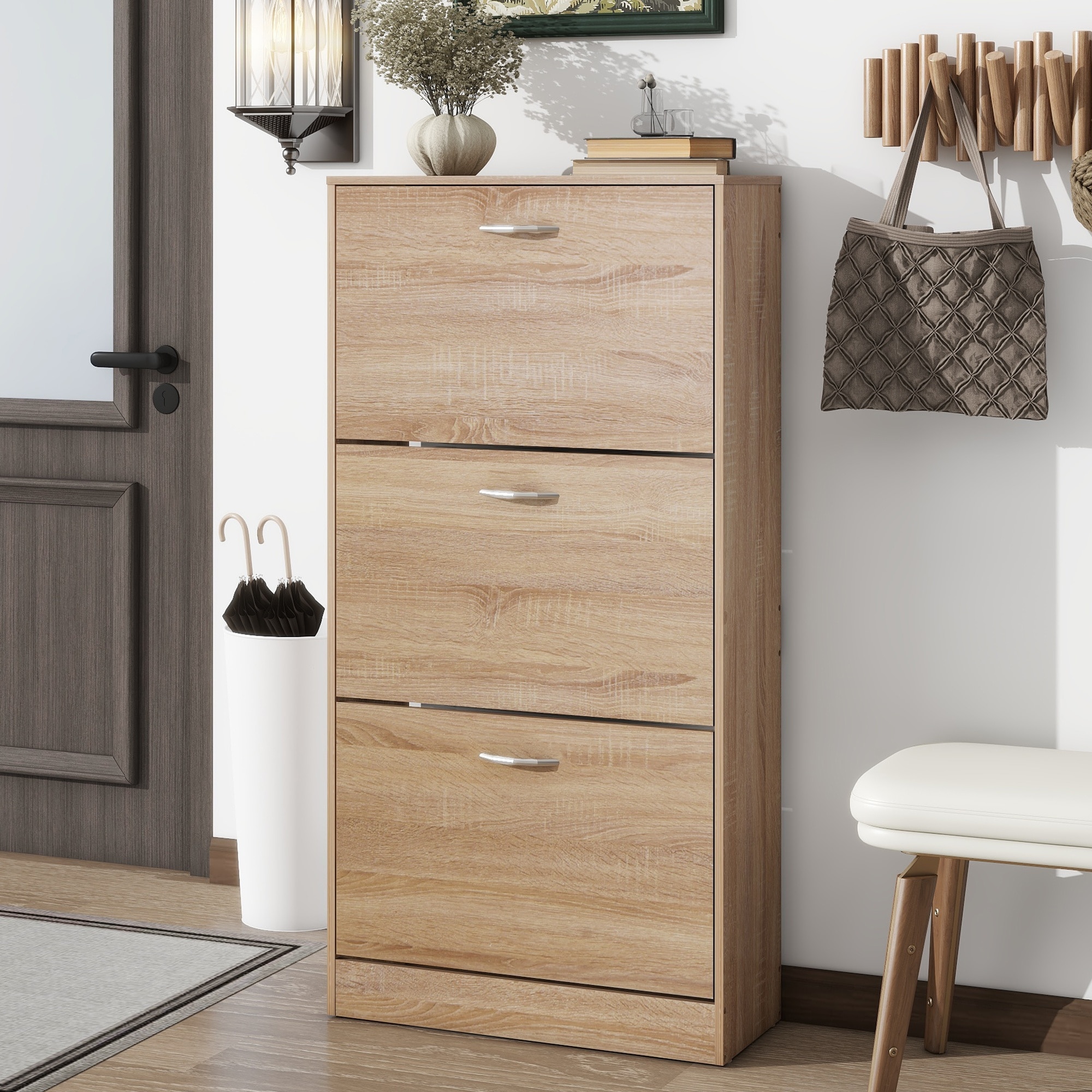 Lycvki SC-1 47.2-in H 3 Tier 18 pair Natural Wood MDF Shoe cabinet