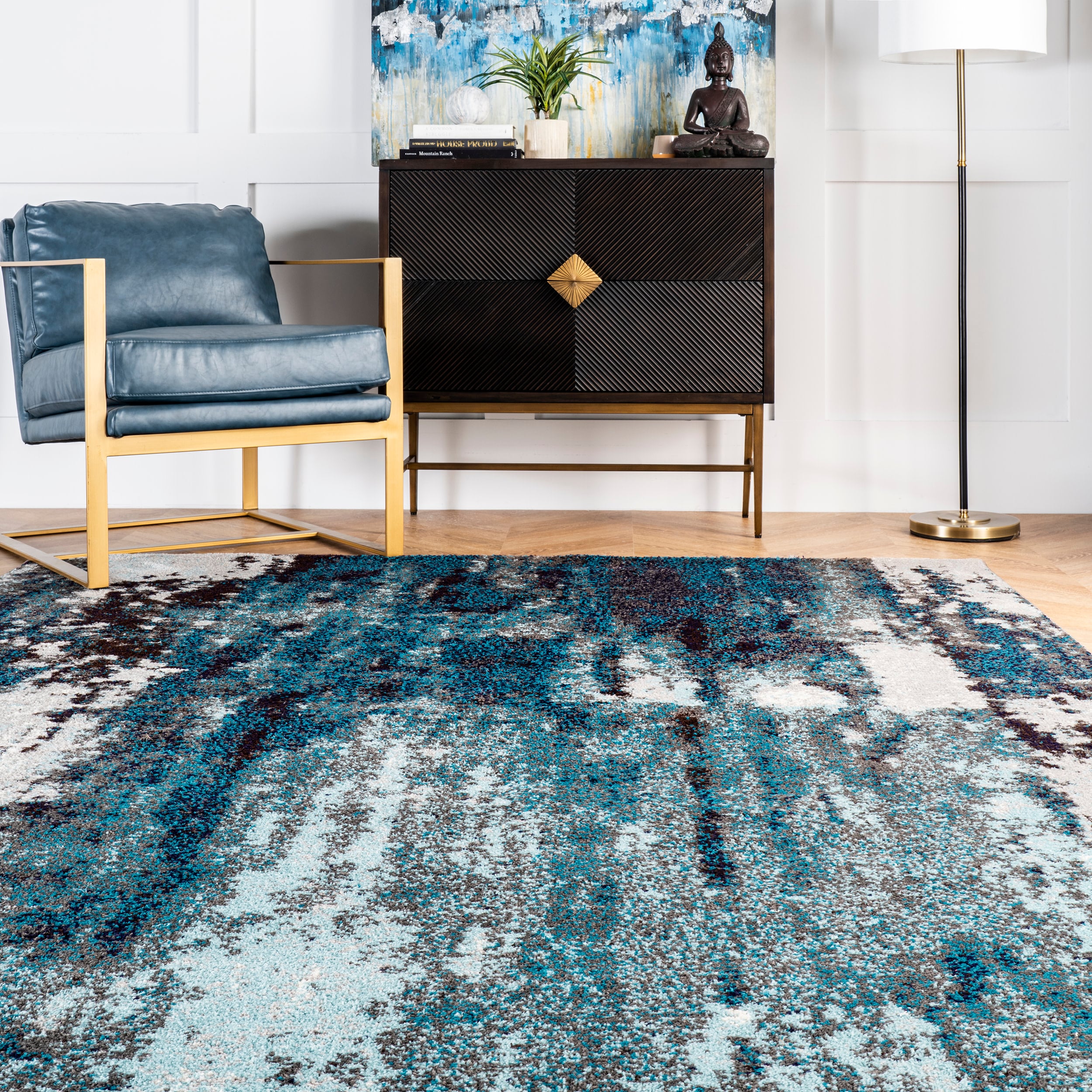 Haydee Blue and Gray Abstract Round Synthetic Area Rug, 5'0"