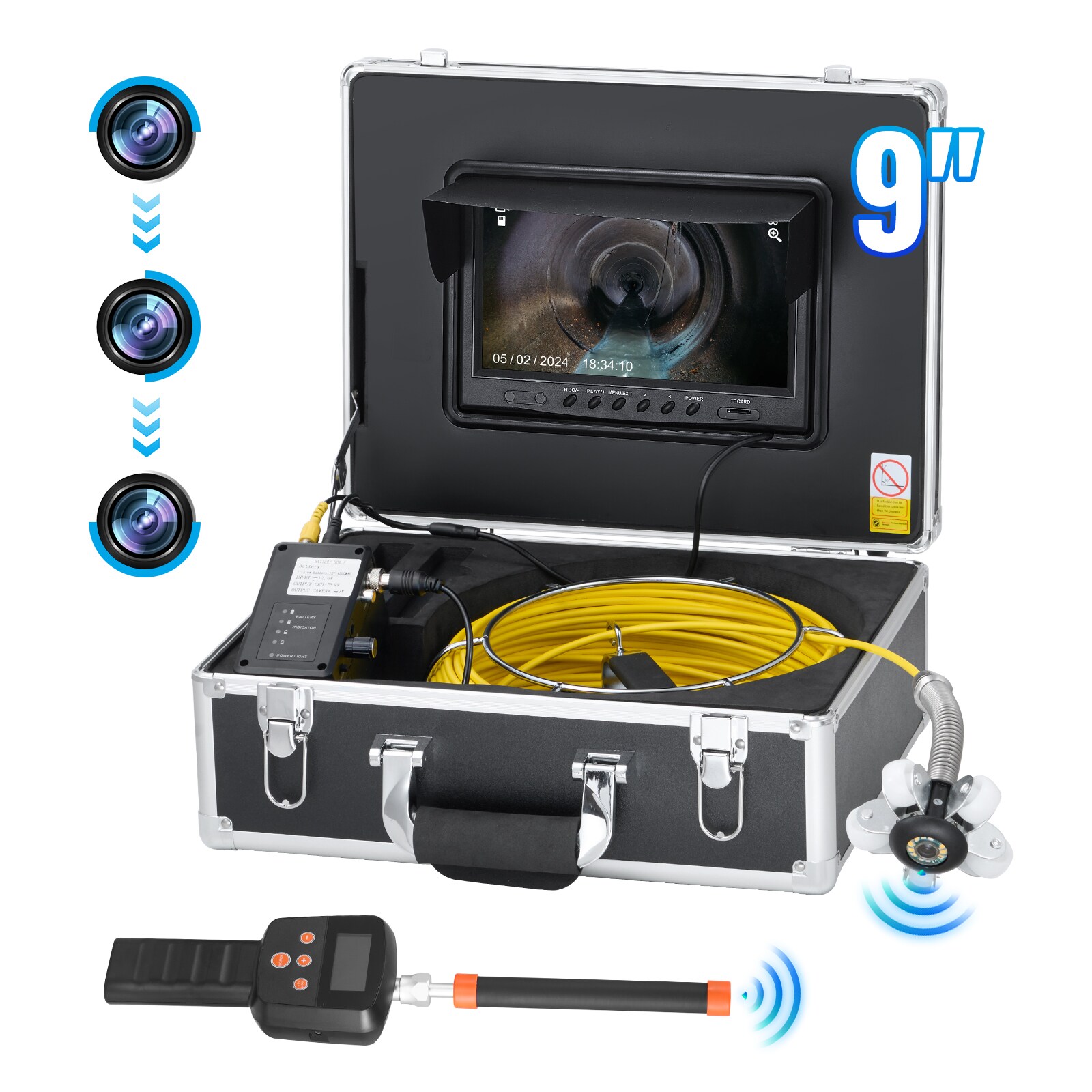VEVOR SCLXKXSGDNKJ05878V1 Sewer Camera with 512Hz Locator  98 ft/30 m  9in Drain Inspection Camera with Self-Leveling  36X Zoom  Plumbing Camera with Lights-12 LED  32GB Card  IP68 Waterproof Snake Camera for Duct Pipe