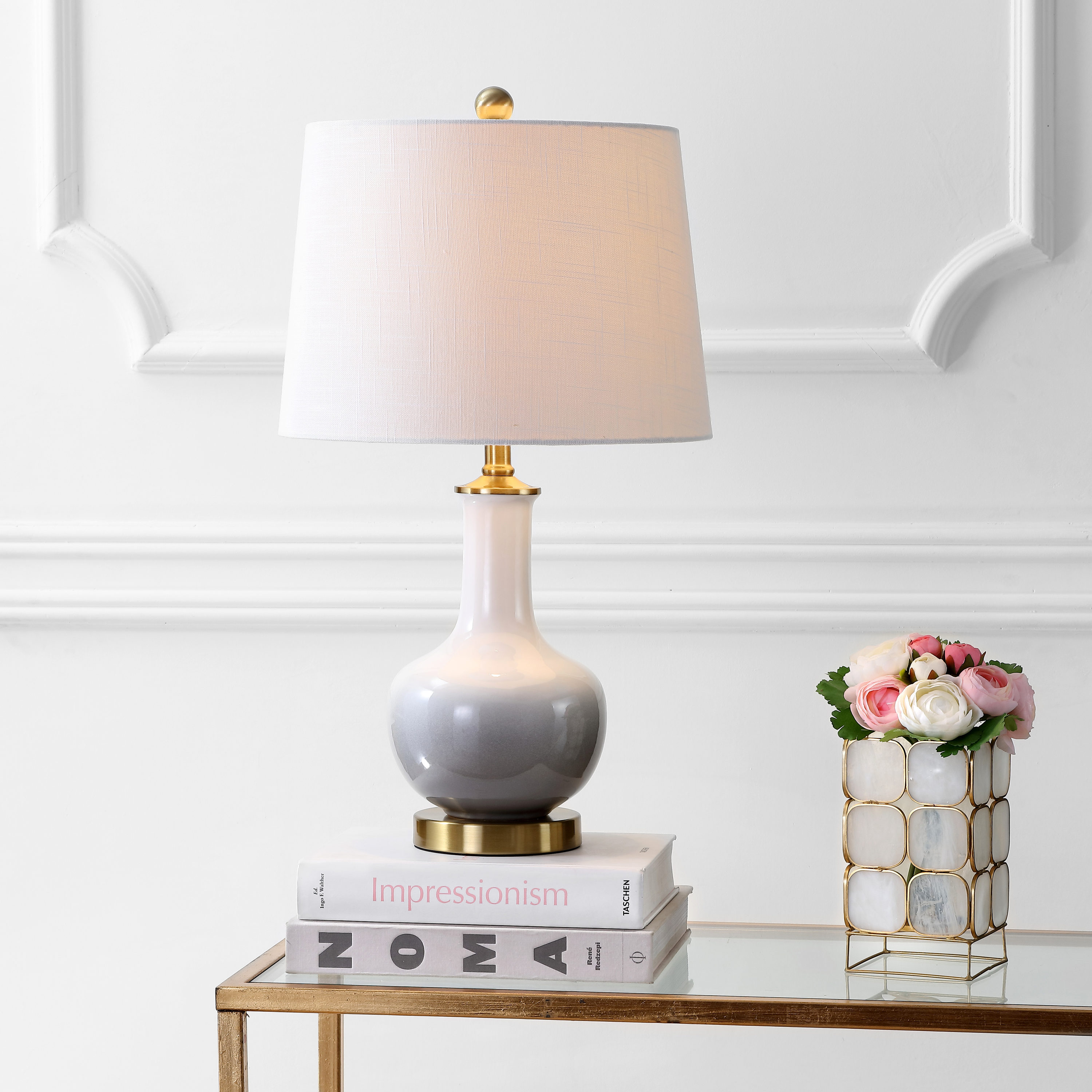JONATHAN  Y JYL3019B Gradient Ceramic/Brass Traditional 25-in White/Gray LED Incandescent Rotary socket Table Lamp with Linen Shade