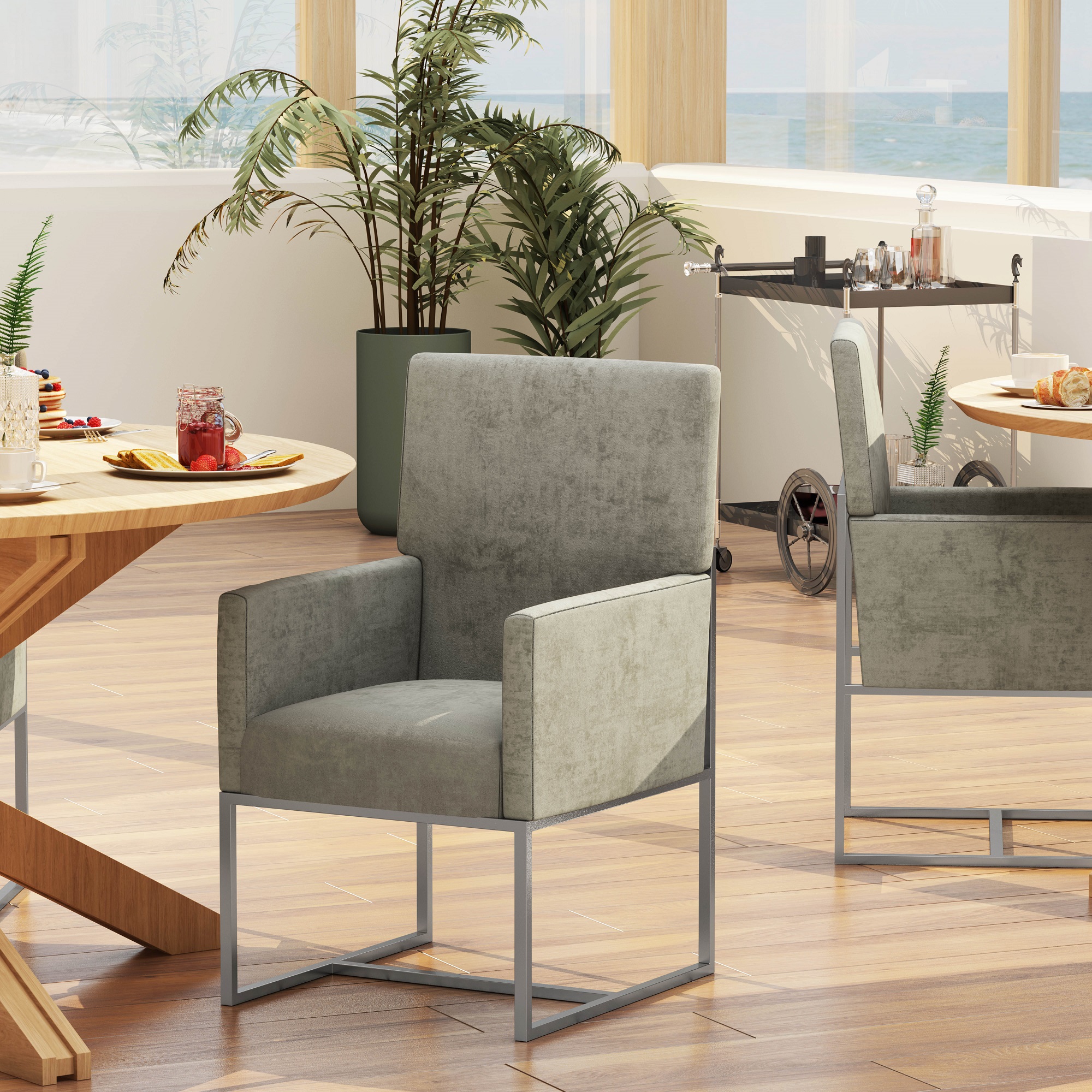 Manhattan Comfort 2-DC029-ST Set of 2 Contemporary/Modern Velvet Upholstered Dining arm chair ( Metal Frame )