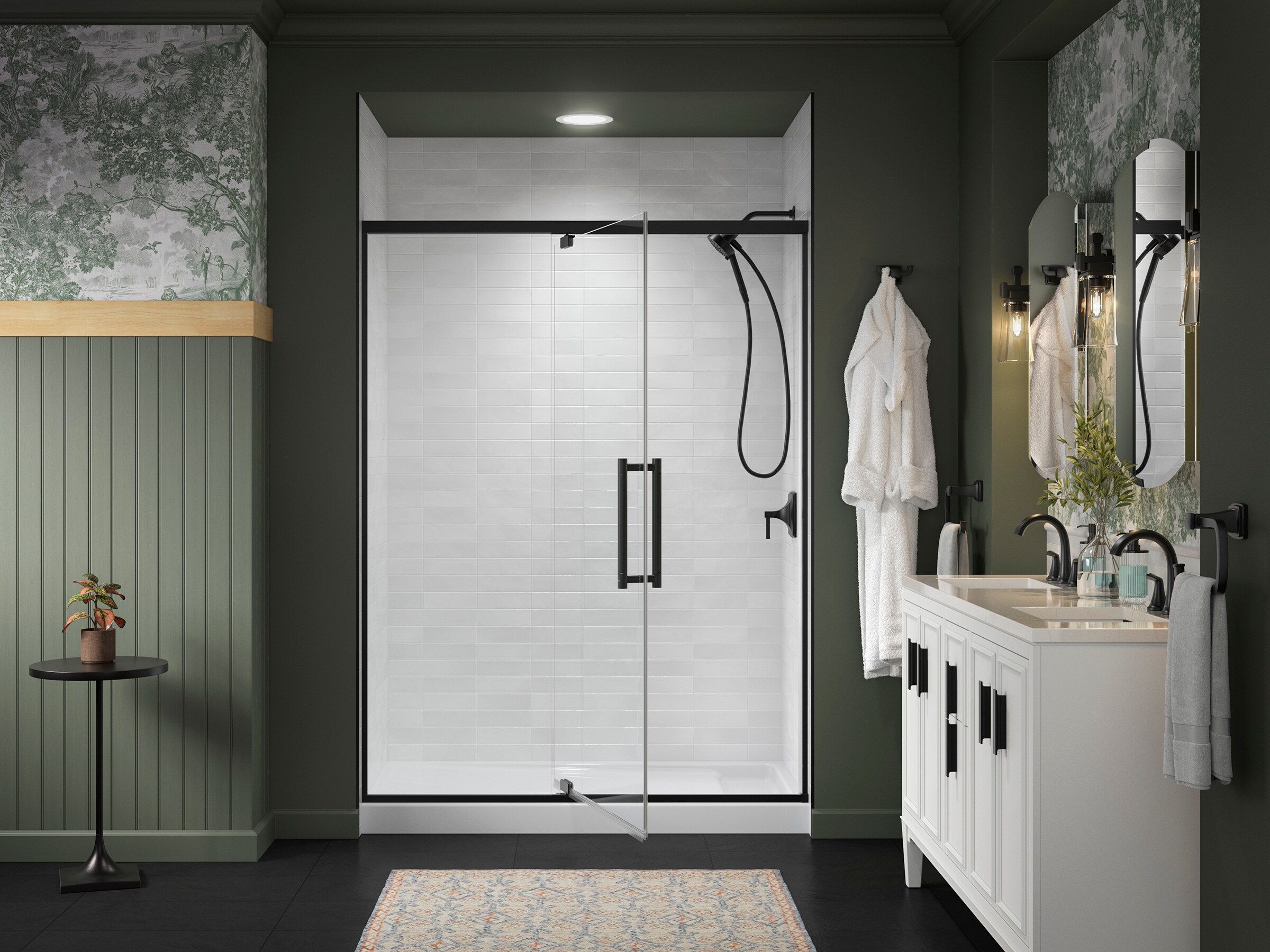 KOHLER Premise Matte Black 55-in to 60-in x 76.06-in Frameless Pivot ...