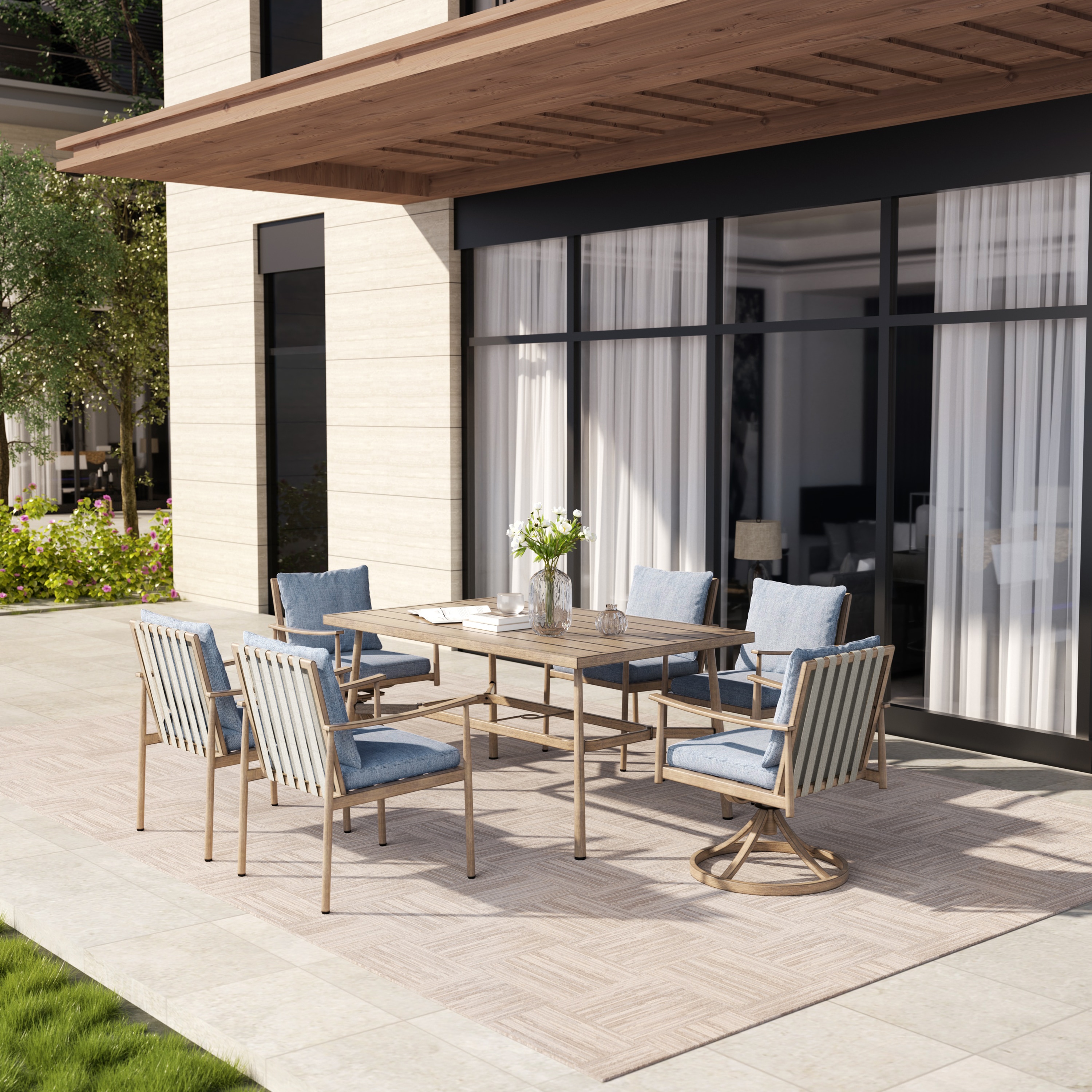  EL-CZ7-ZL-B3-WL3 7 -Piece Beige Patio Dining Set Aluminum Rectangle Table with 6 Blue Cushions Swivel Chairs
