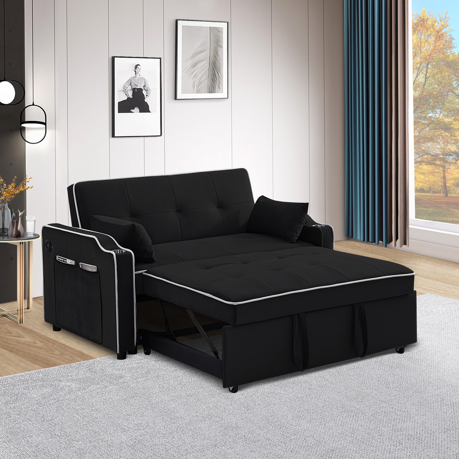 Qeetex Velvet Eucalyptus Wood High Density Sponge Black Sofa Bed With USB Charging Port