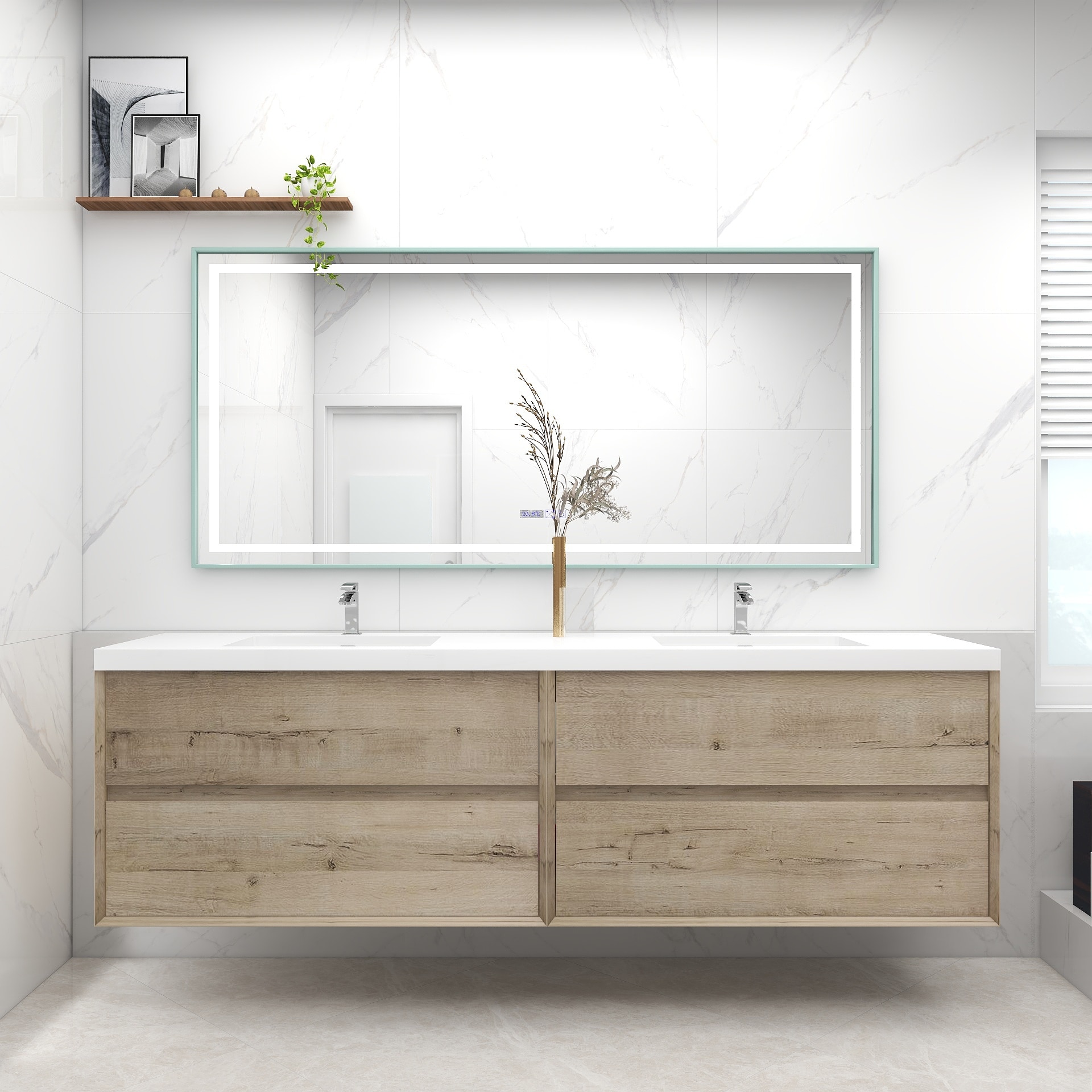 BV Better Vanity SLIM84D-WO Kingdee 84-in Light Oak Double Sink Floating Bathroom Vanity with White Acrylic Top