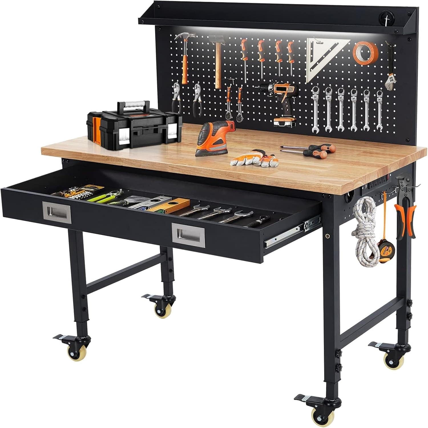 Qeetex LSHQQPHO-0ZEAVR8R 48x 24 Inch Adjustable Height Garage Workbench Rubberwood Top 2000lbs Heavy Duty Workbench with Drawers and Electrical Outlets Rolling Workshop Workbench