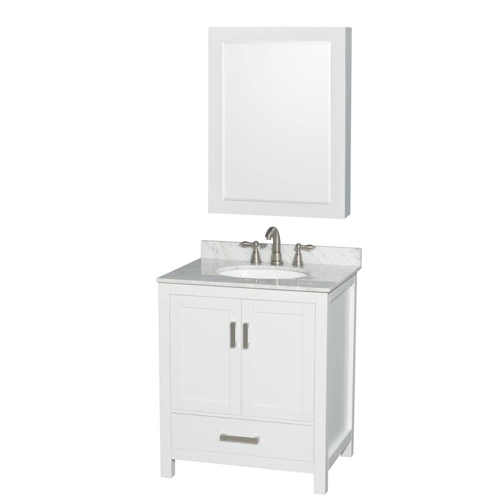 Wyndham Collection WCS141430SWHCMUNOMED Sheffield 30-in White with Brushed Chrome Trim Undermount Single sink Bathroom Vanity with White Carrara Marble Natural marble Top (Mirror Included)