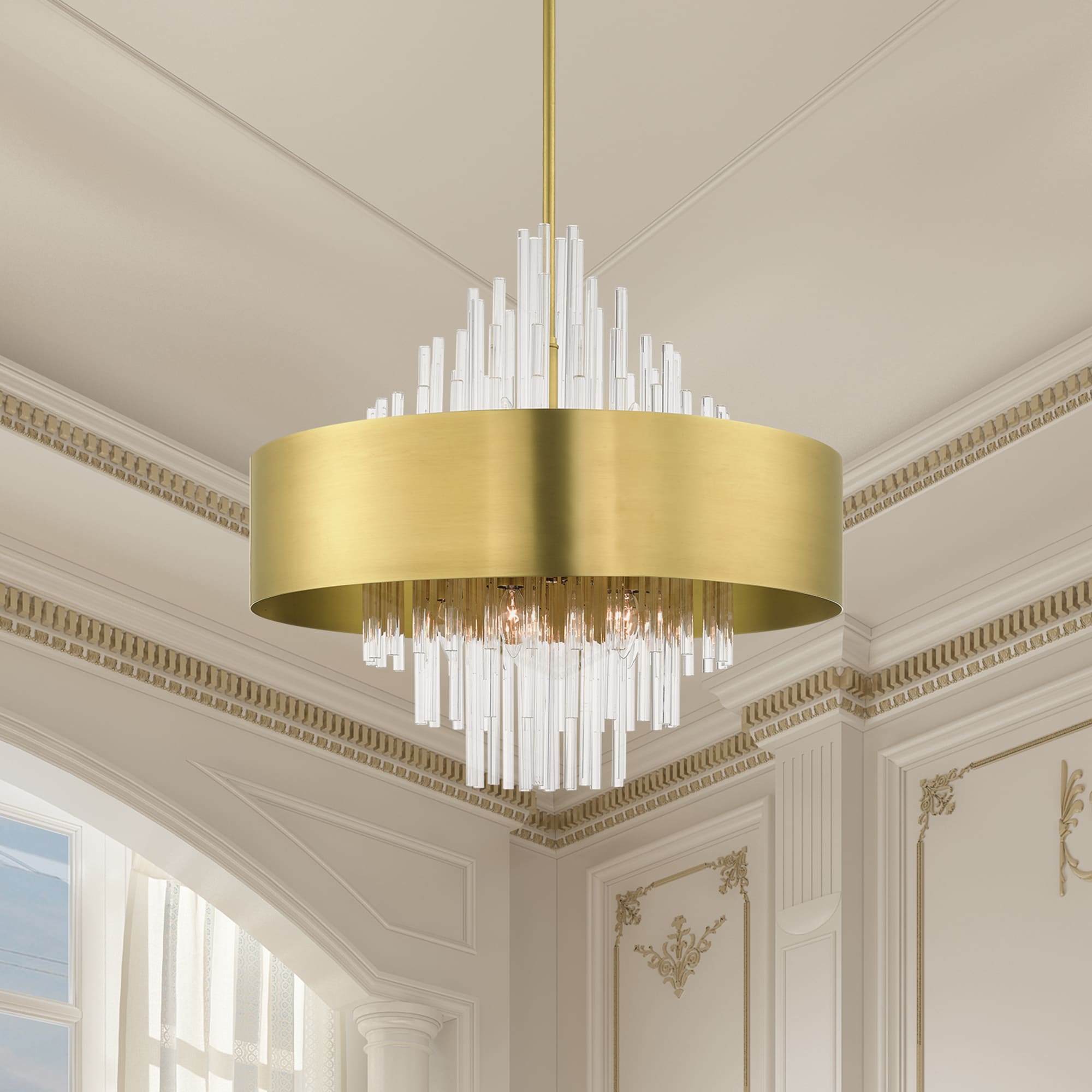 Natural Brass and Crystal 10-Light Drum Chandelier