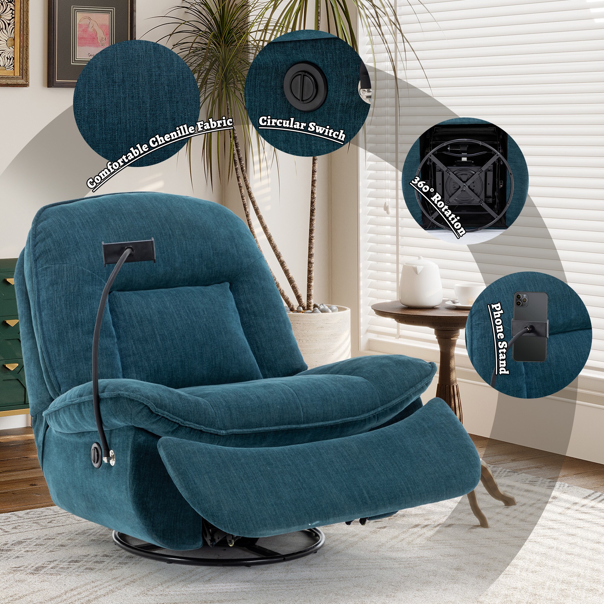 Clihome Green Chenille Swivel Recliner with Phone Holder Green Chenille ...