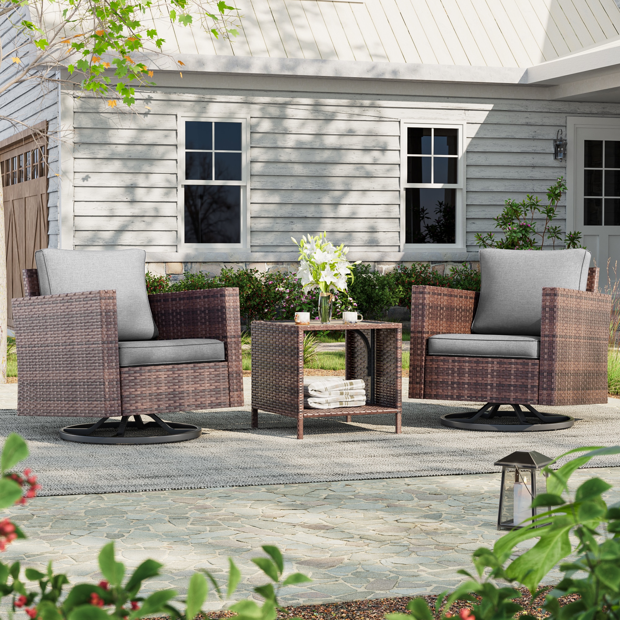 ACEGOSES LW-2R-BGY-T3 Patio Swivel Rocking Chairs 3 -Piece Wicker Patio Conversation Set with Gray Cushions