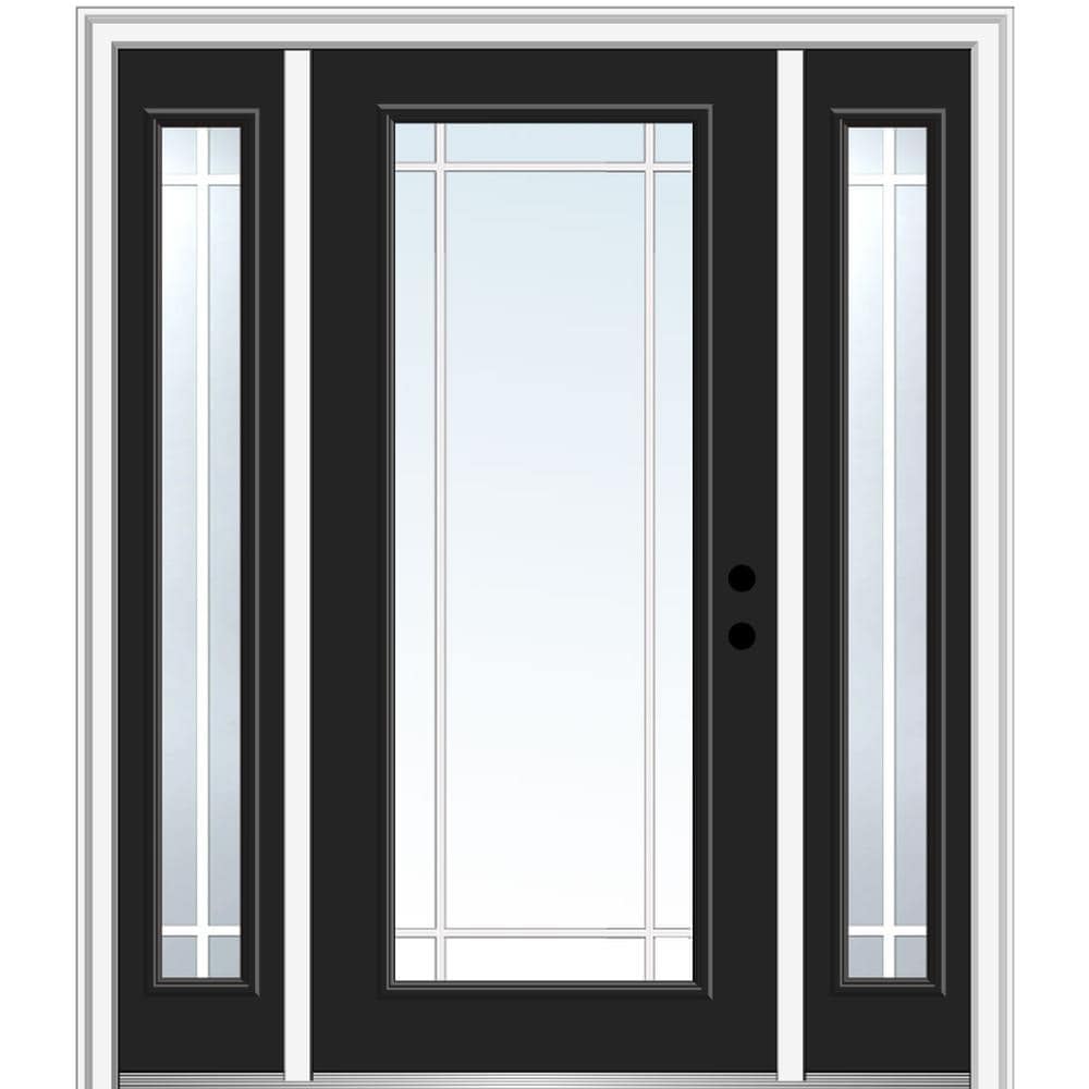 MMI DOOR ZZ361485L 64-in x 80-in x 6-9/16-in Fiberglass Full lite Left-hand inswing Black Painted Prehung Front Door with Sidelights with Brickmould Insulating core with Grilles